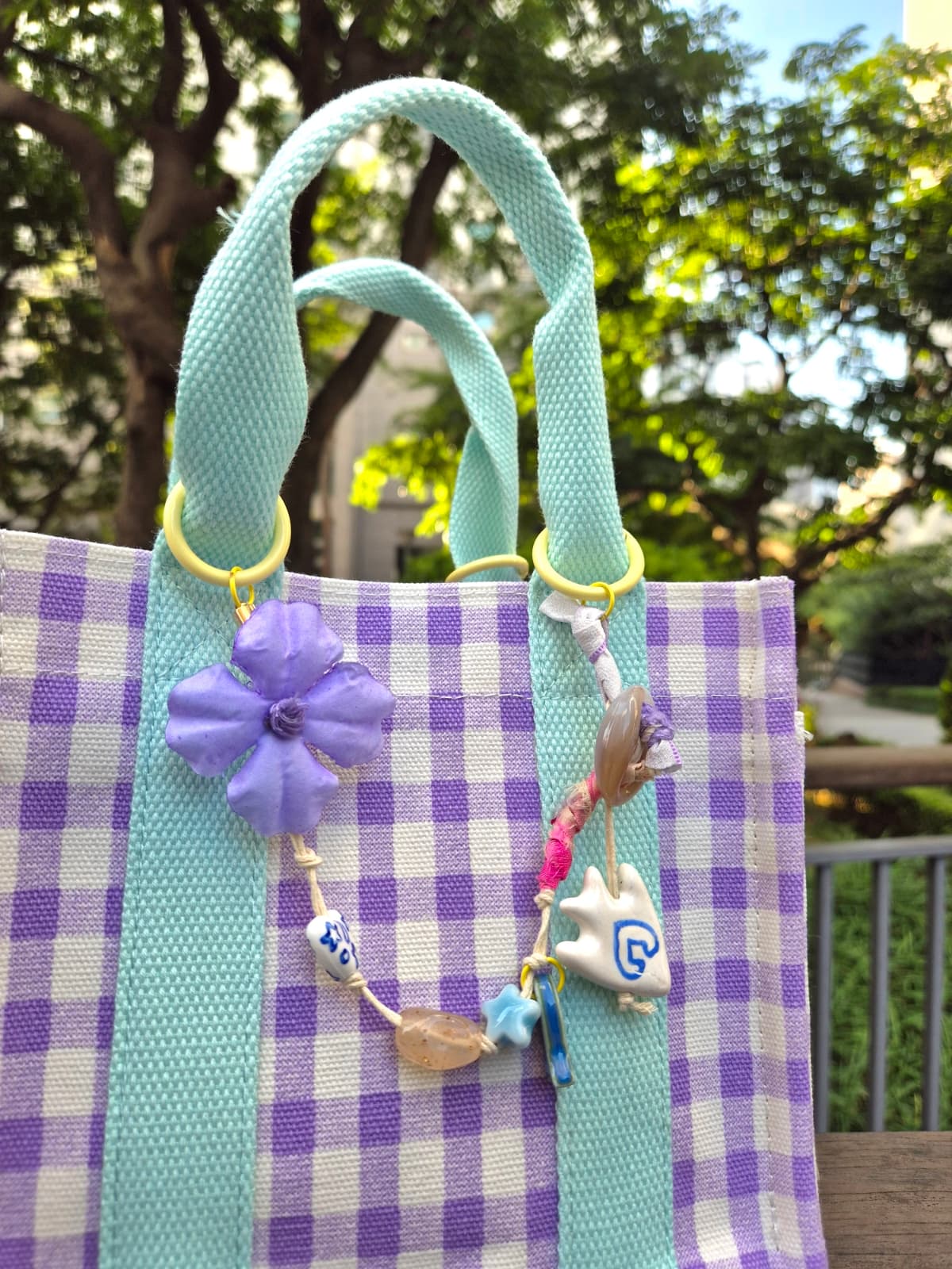 Handmade Purple Flower Bag Charm Bag Accessory Strap Keyring Keyholder - 이미지 1