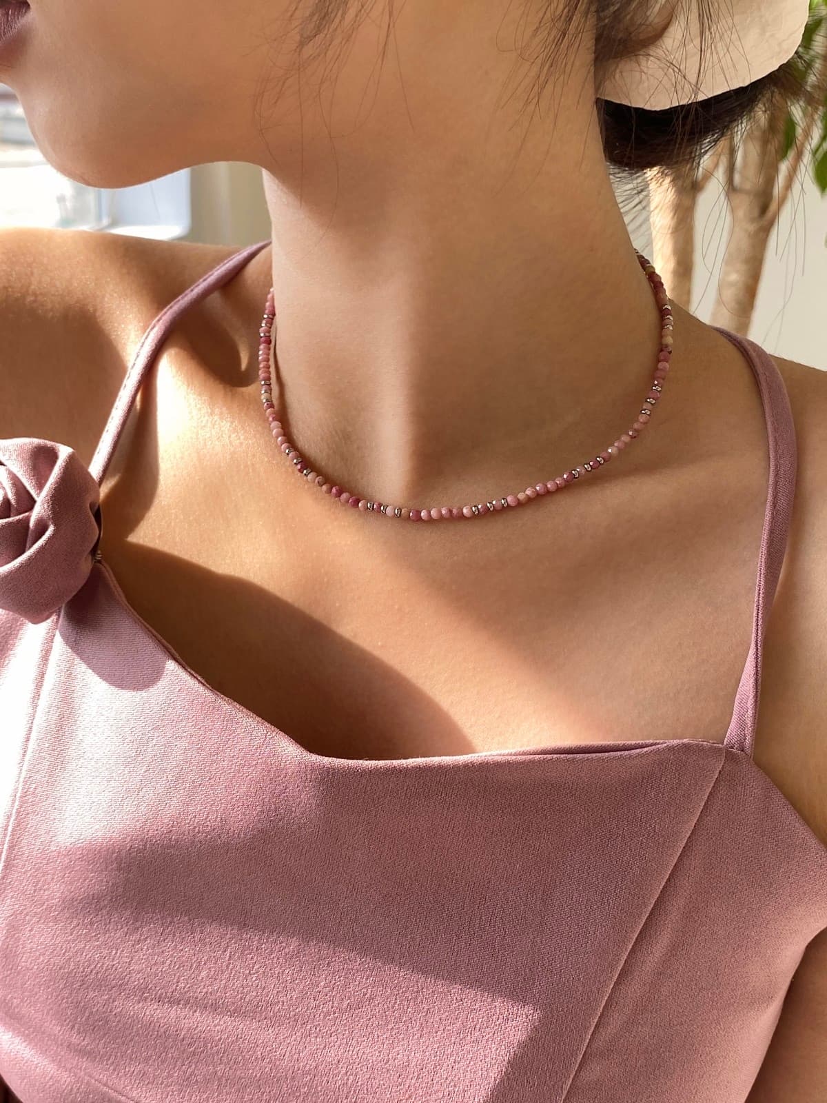Surgical Pink Gemstone Bead Choker Daily Layered Necklace - 이미지 1