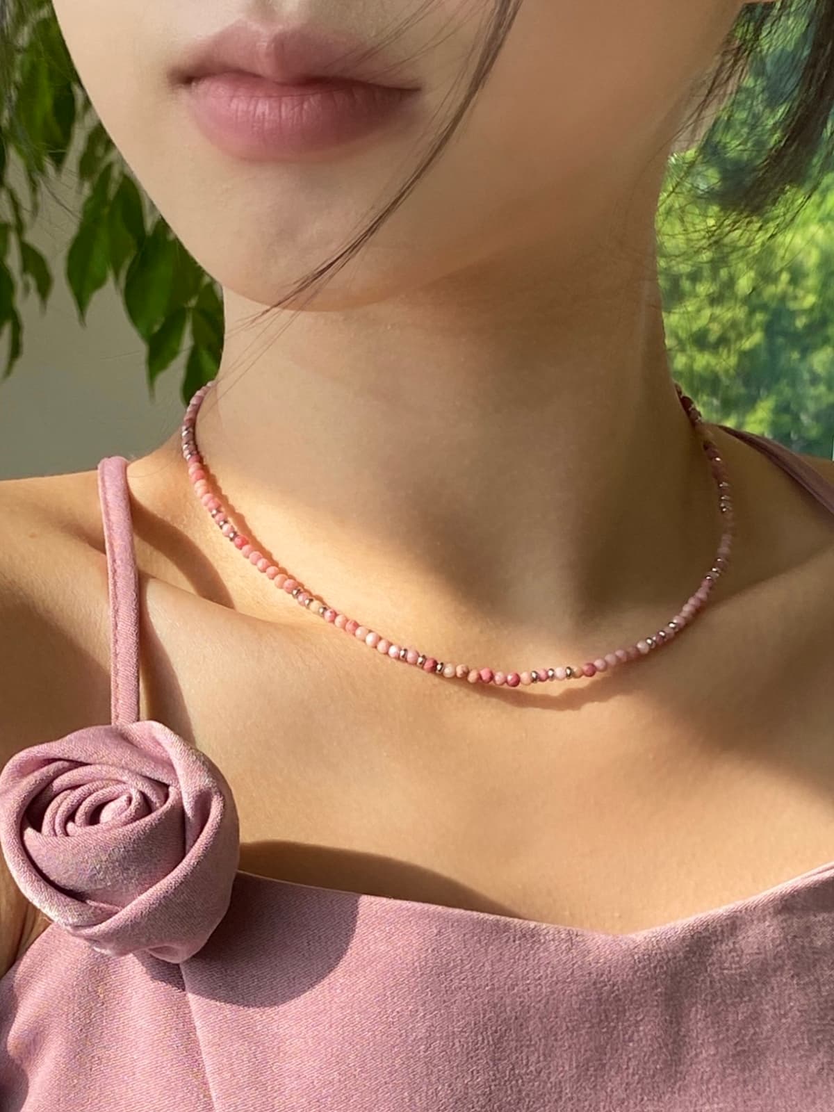 Surgical Pink Gemstone Bead Choker Daily Layered Necklace - 이미지 5