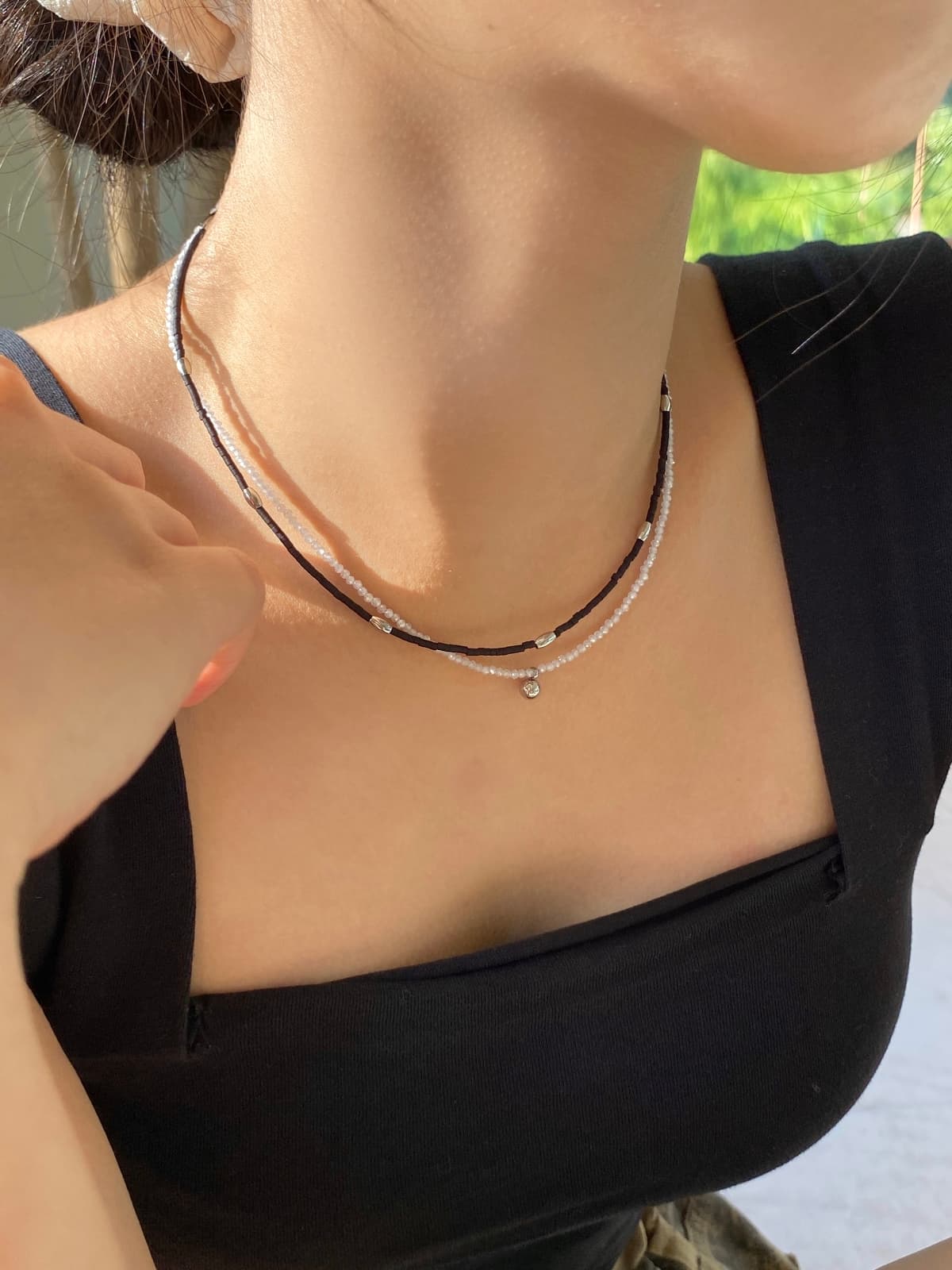 Double-Strand Layered Surgical Steel Gemstone Bead Daily Necklace - 이미지 1