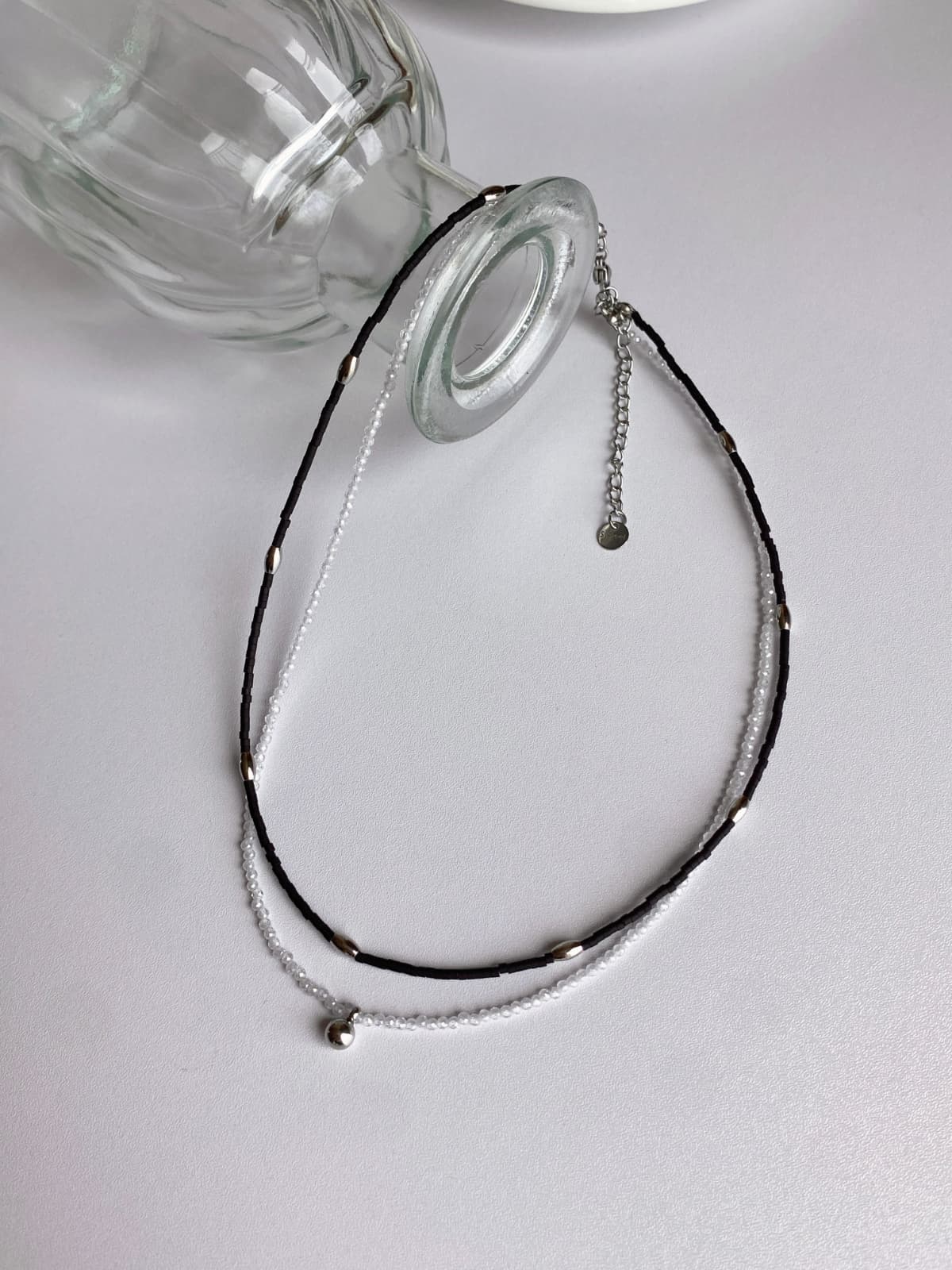 Double-Strand Layered Surgical Steel Gemstone Bead Daily Necklace - 이미지 3