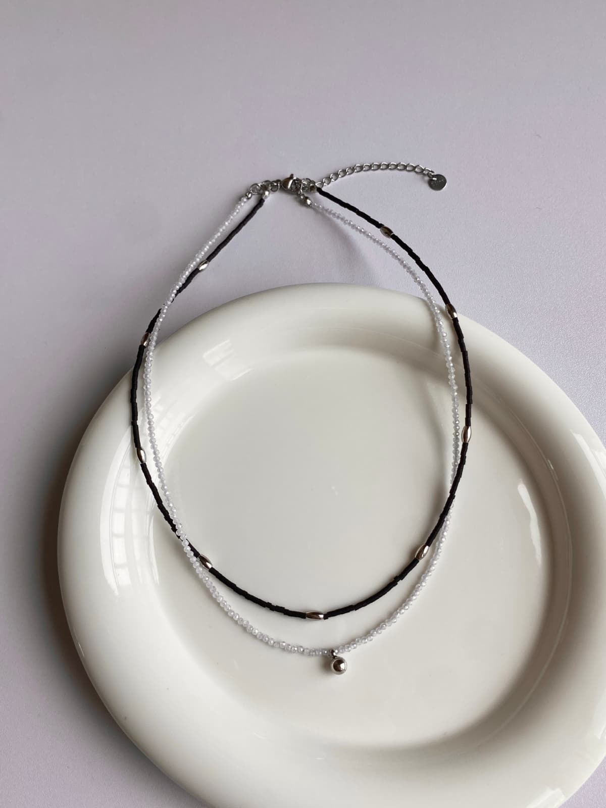Double-Strand Layered Surgical Steel Gemstone Bead Daily Necklace - 이미지 2