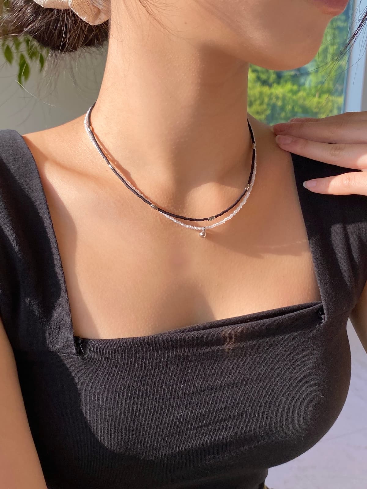 Double-Strand Layered Surgical Steel Gemstone Bead Daily Necklace - 이미지 4