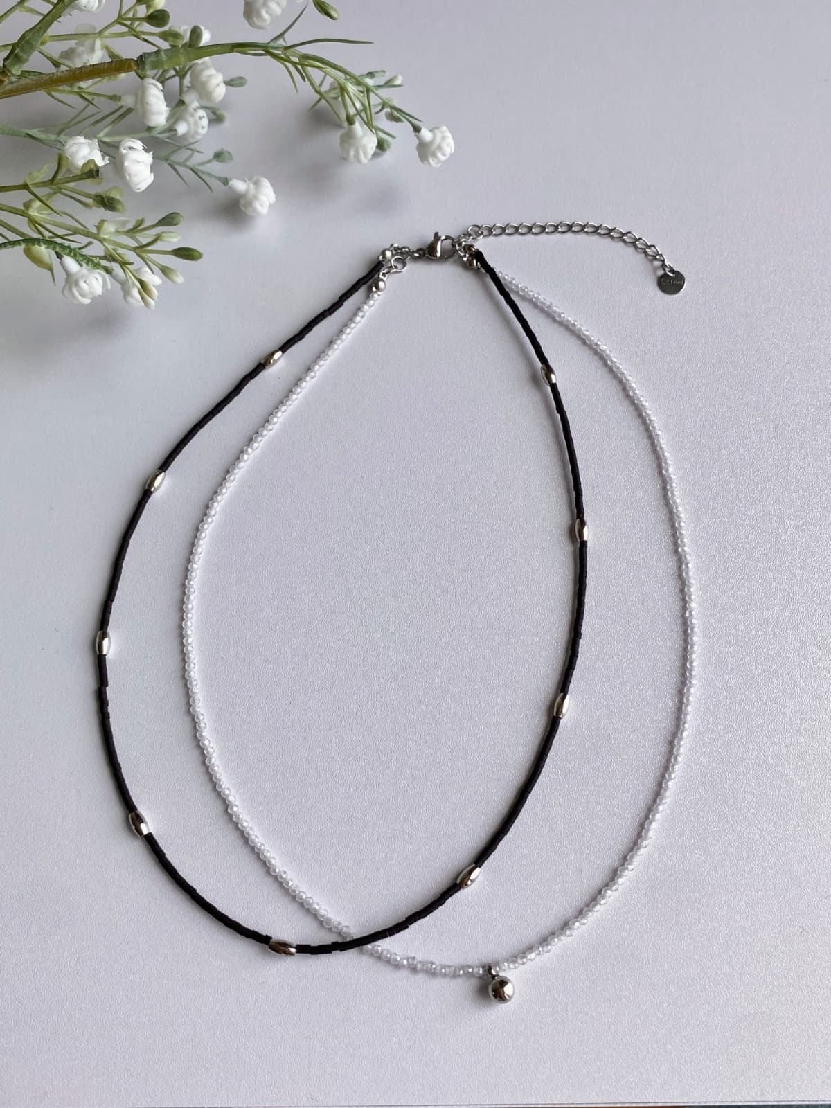 Double-Strand Layered Surgical Steel Gemstone Bead Daily Necklace - 이미지 5