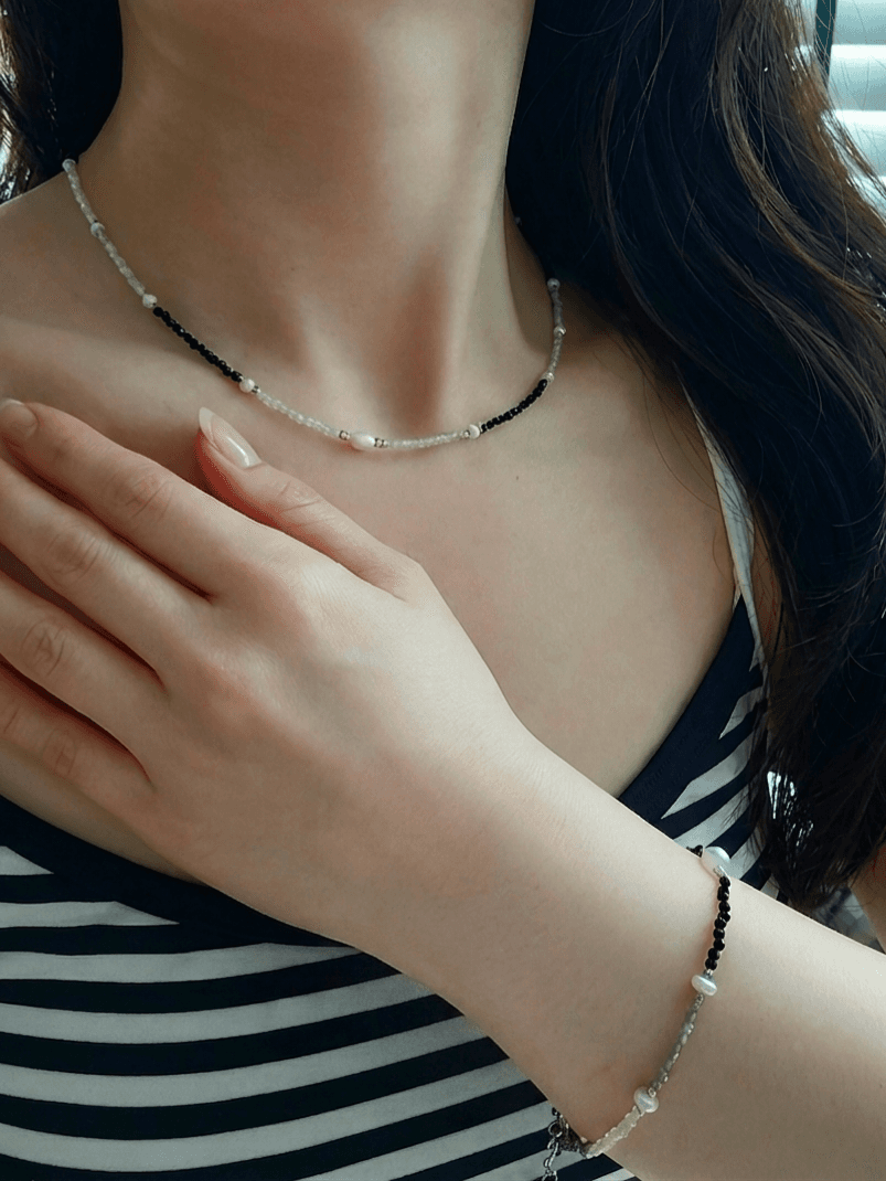 Surgical Steel Black Gray Gemstone Bead Pearl Point Chain Layered Bracelet - 이미지 6