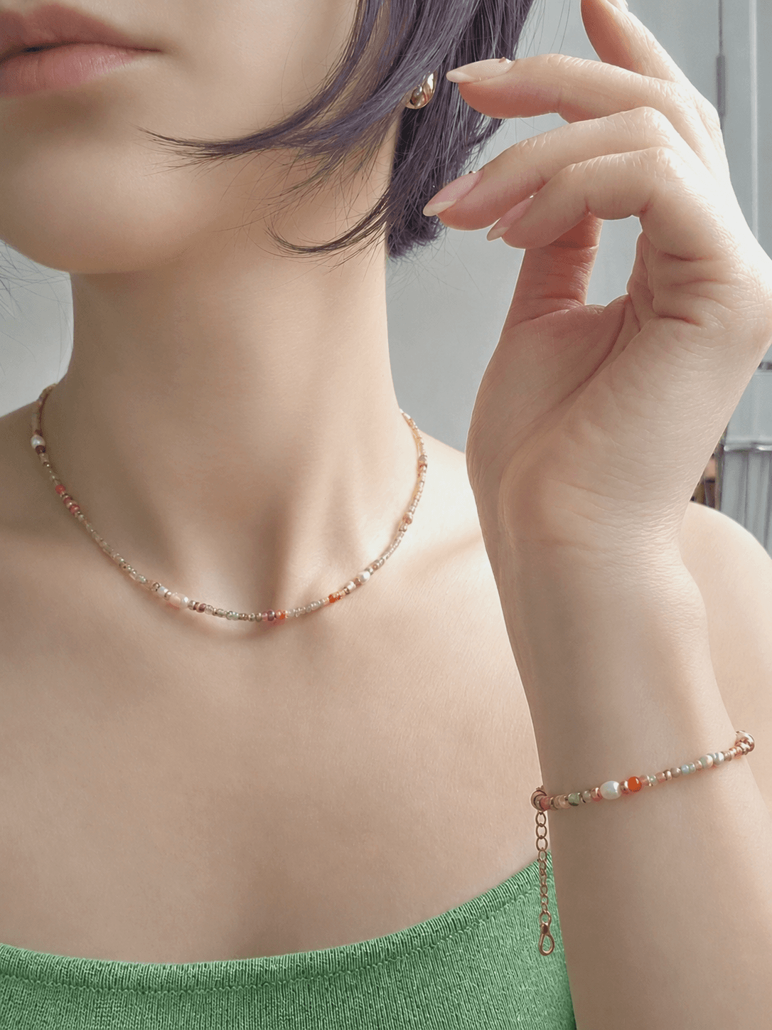 Freshwater Pearl Colored Bead Necklace - 이미지 4
