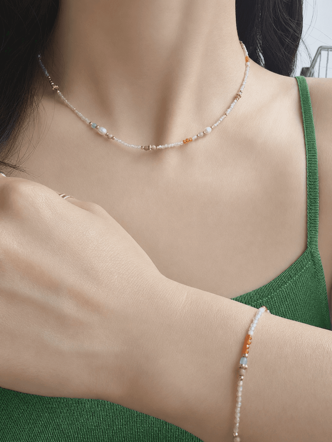 Colored Bead Pearl Point Choker Summer Necklace - 이미지 4
