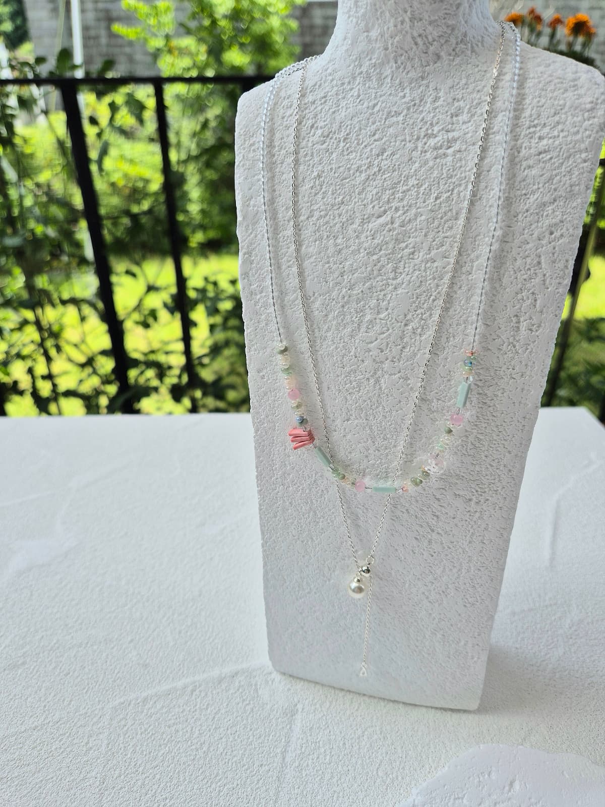 Pastel Bead Layered Pearl Daily Drop Necklace - 이미지 2