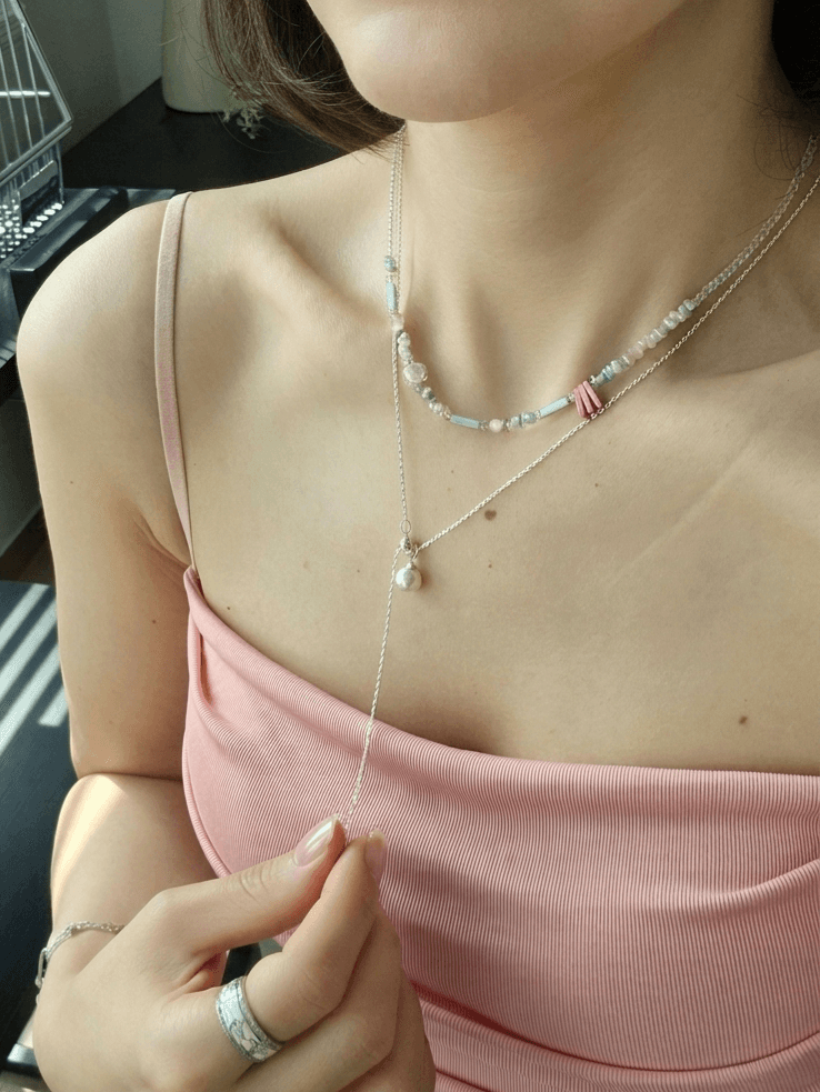 Pastel Bead Layered Pearl Daily Drop Necklace - 이미지 7