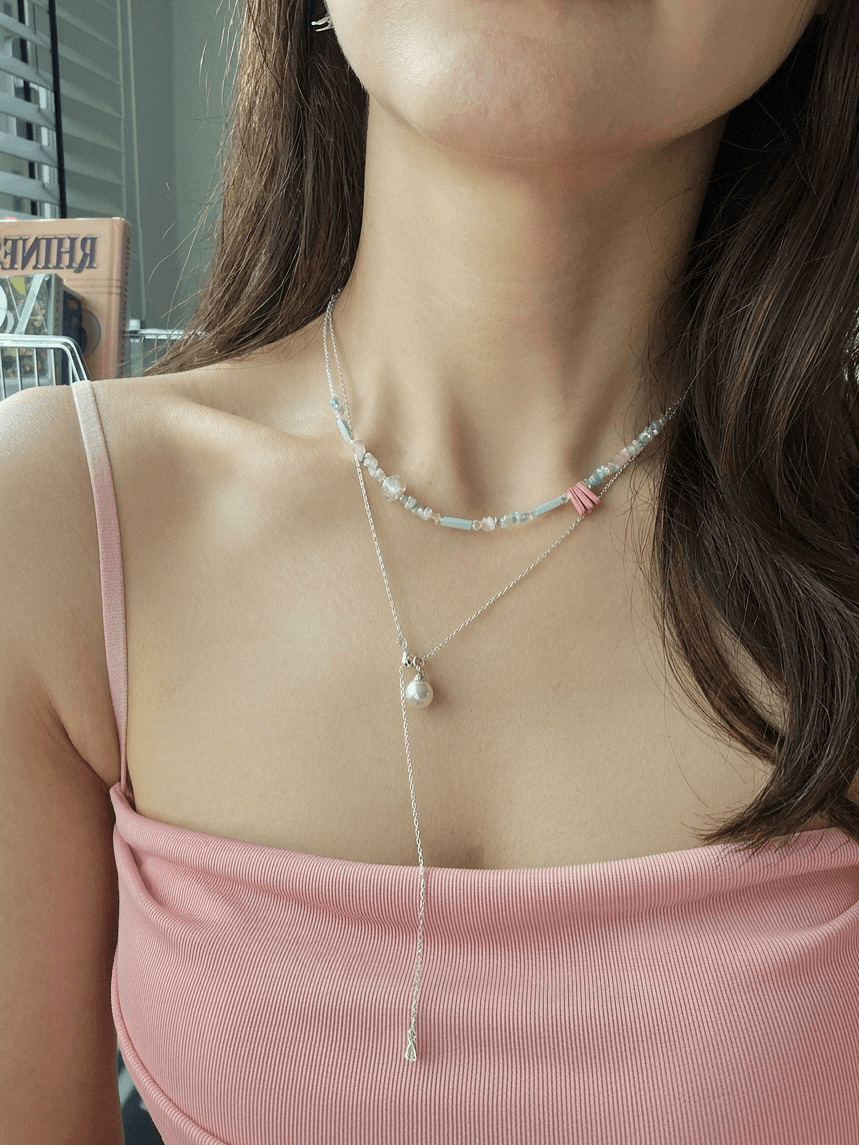 Pastel Bead Layered Pearl Daily Drop Necklace - 이미지 1