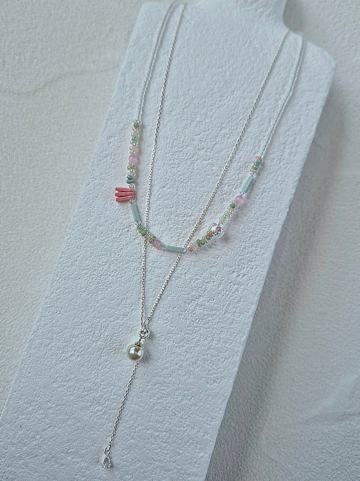 Pastel Bead Layered Pearl Daily Drop Necklace - 이미지 4