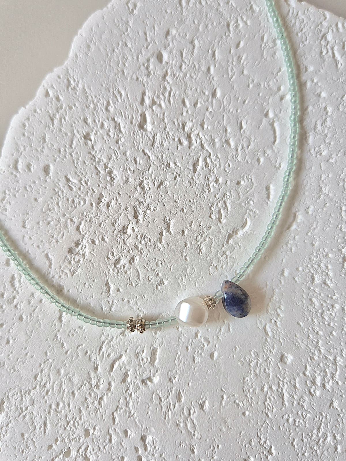 Mint Bead Gemstone Pearl Accent Choker Daily Layered Necklace - 이미지 1