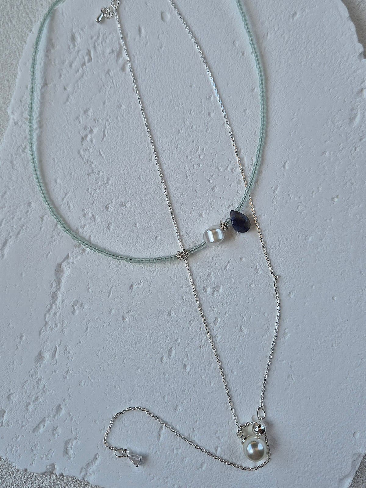 Mint Bead Pearl Gemstone Layered Long Necklace - 이미지 5