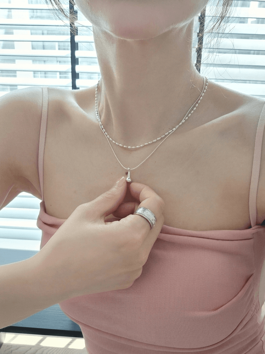 Silver layered chain pendant summer necklace - 이미지 1