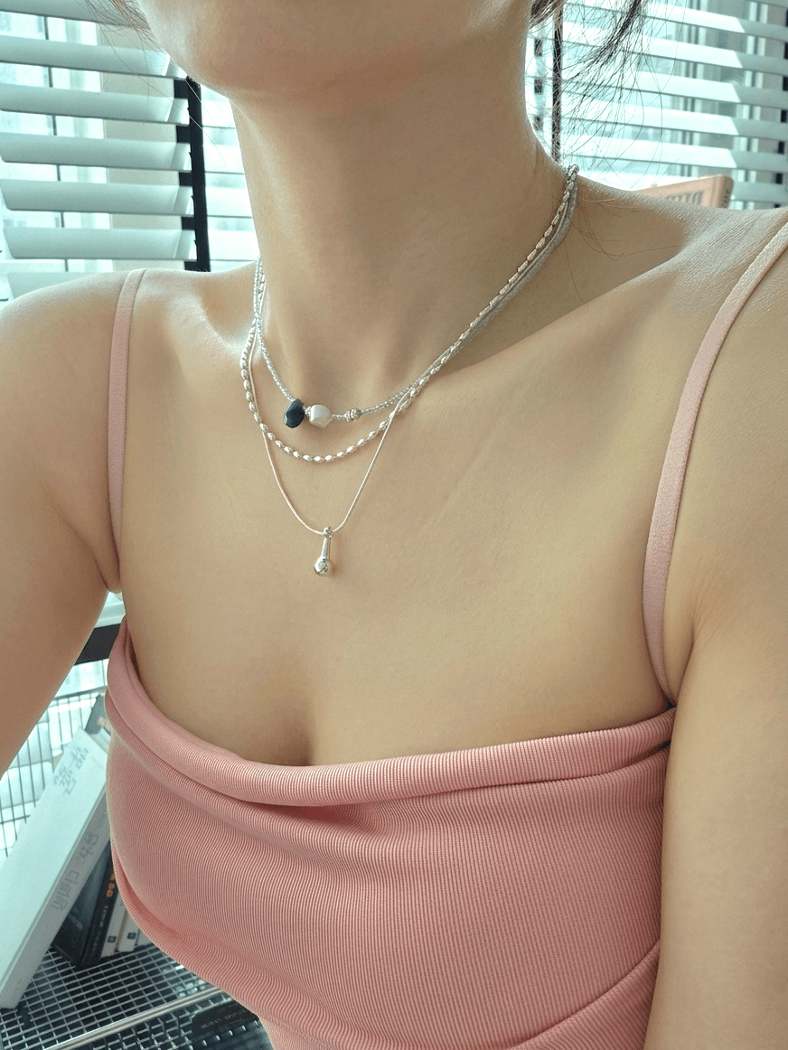 Mint Bead Pearl Stone Silver Layered Summer Necklace - 이미지 6