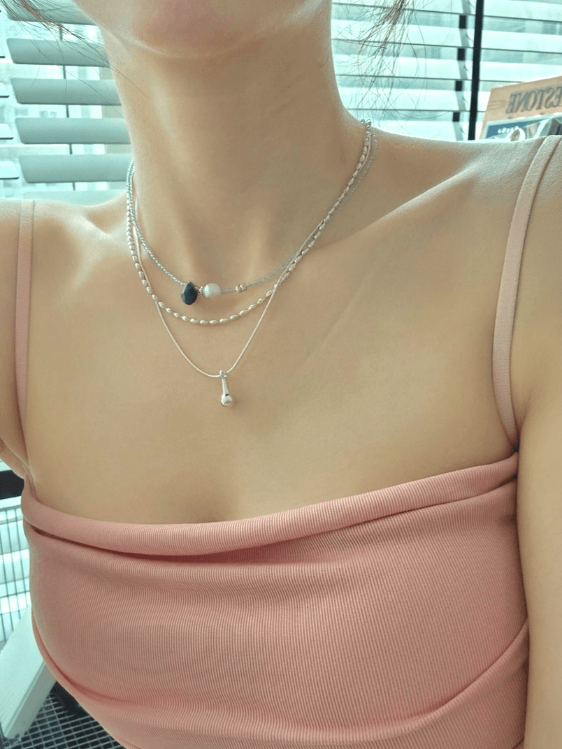 Mint Bead Pearl Stone Silver Layered Summer Necklace - 이미지 3