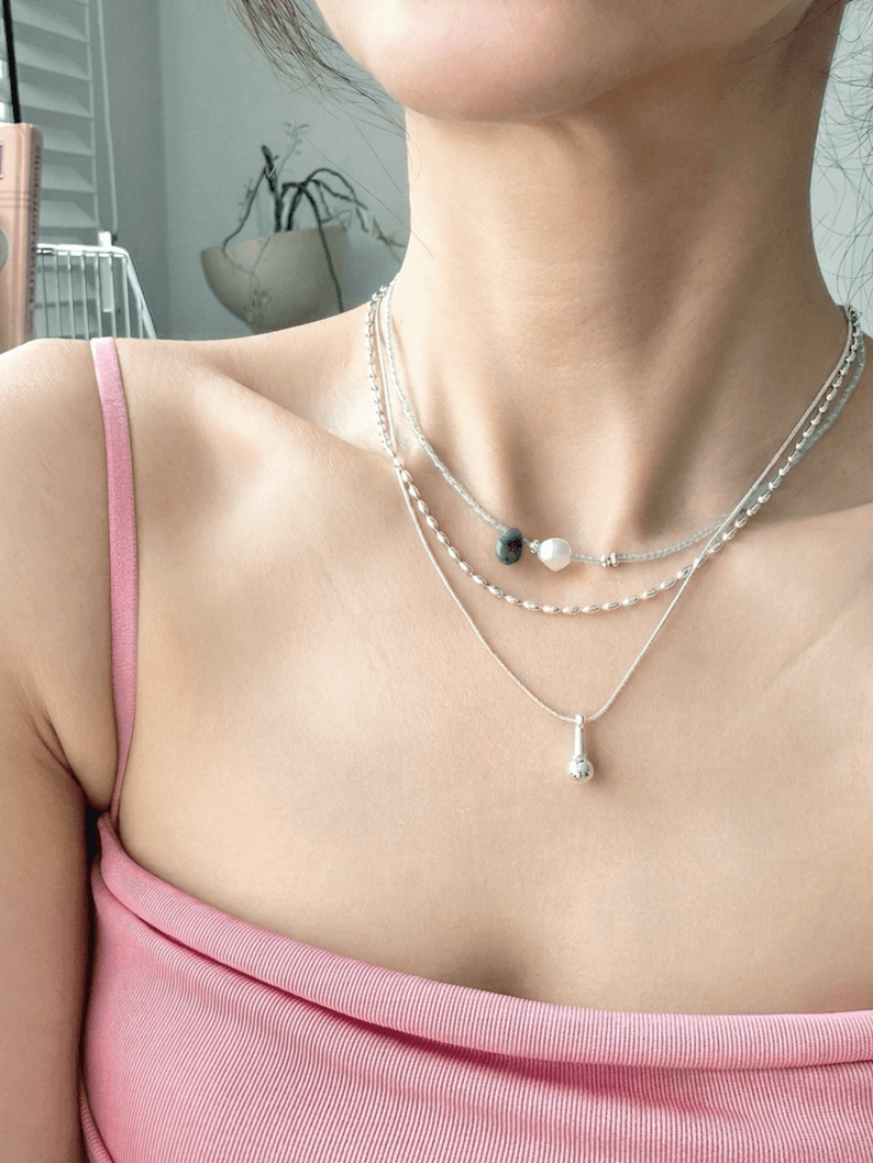 Mint Bead Pearl Stone Silver Layered Summer Necklace - 이미지 4