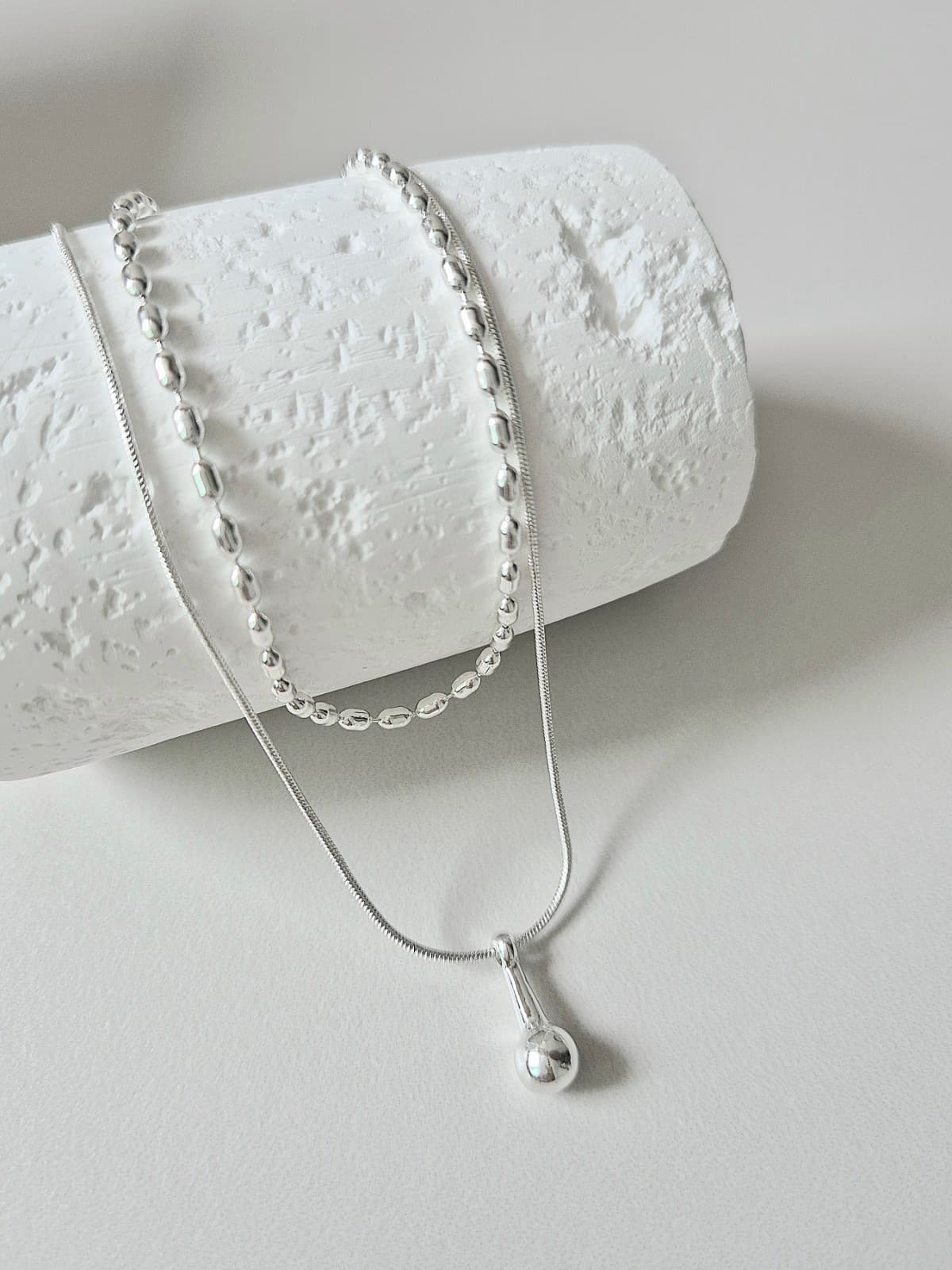 Mint Bead Pearl Stone Silver Layered Summer Necklace - 이미지 5