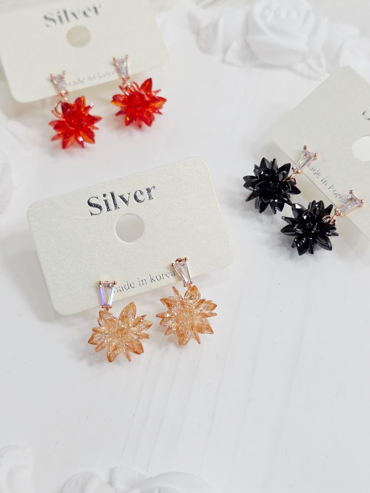 Flower Snowflake Cubic Drop Earrings Silver Stud Earrings - 이미지 1