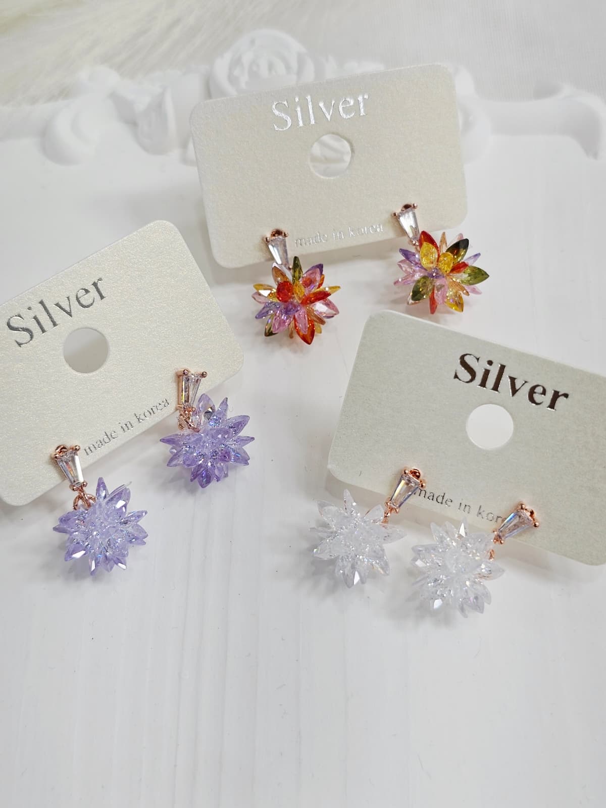 Snowflake Cubic Zirconia Pointed Flower Silver Stud Earrings - 이미지 9