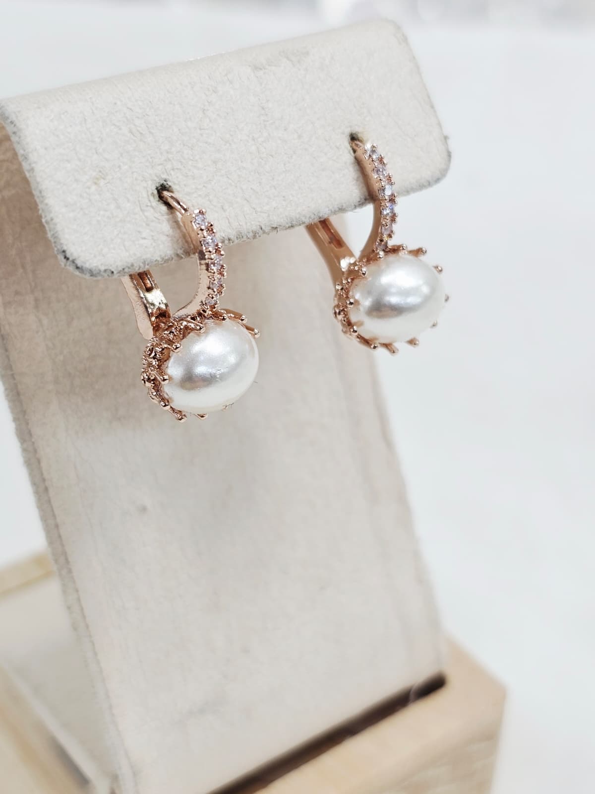 Rose Gold Cubic Oval Pearl Semi-circular Pearl One-touch Ring Earrings - 이미지 1