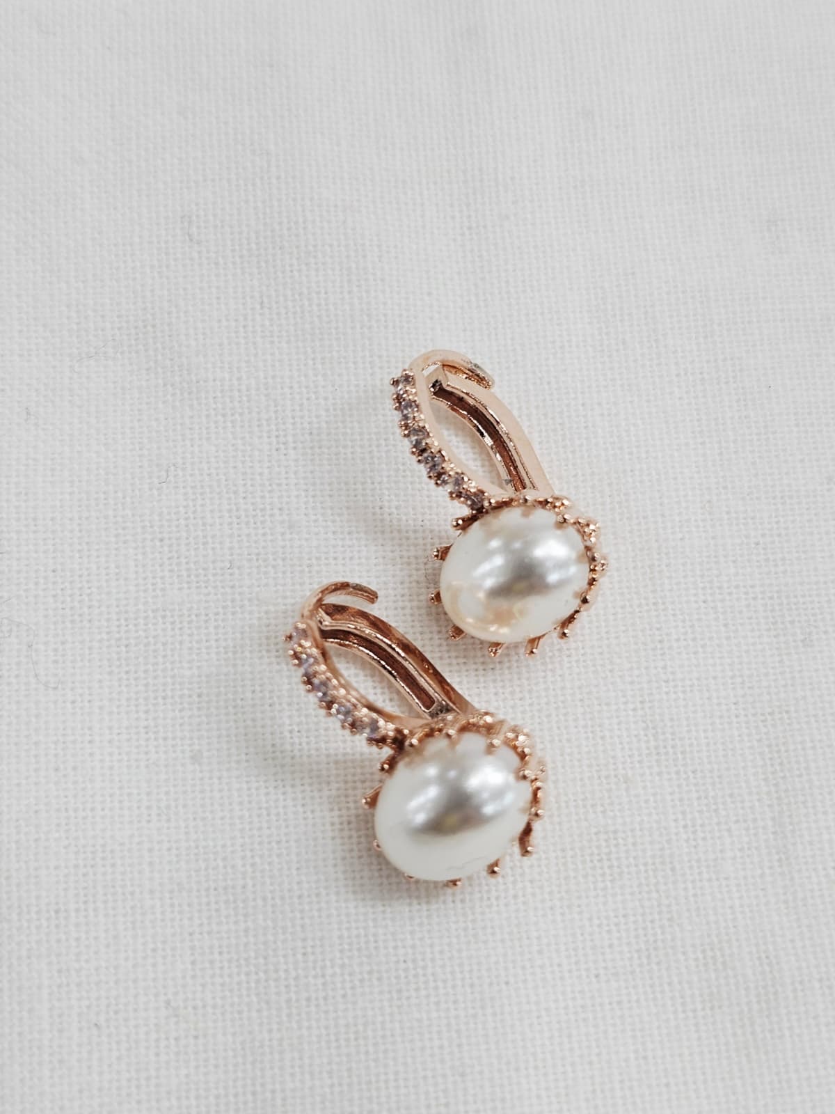 Rose Gold Cubic Oval Pearl Semi-circular Pearl One-touch Ring Earrings - 이미지 6