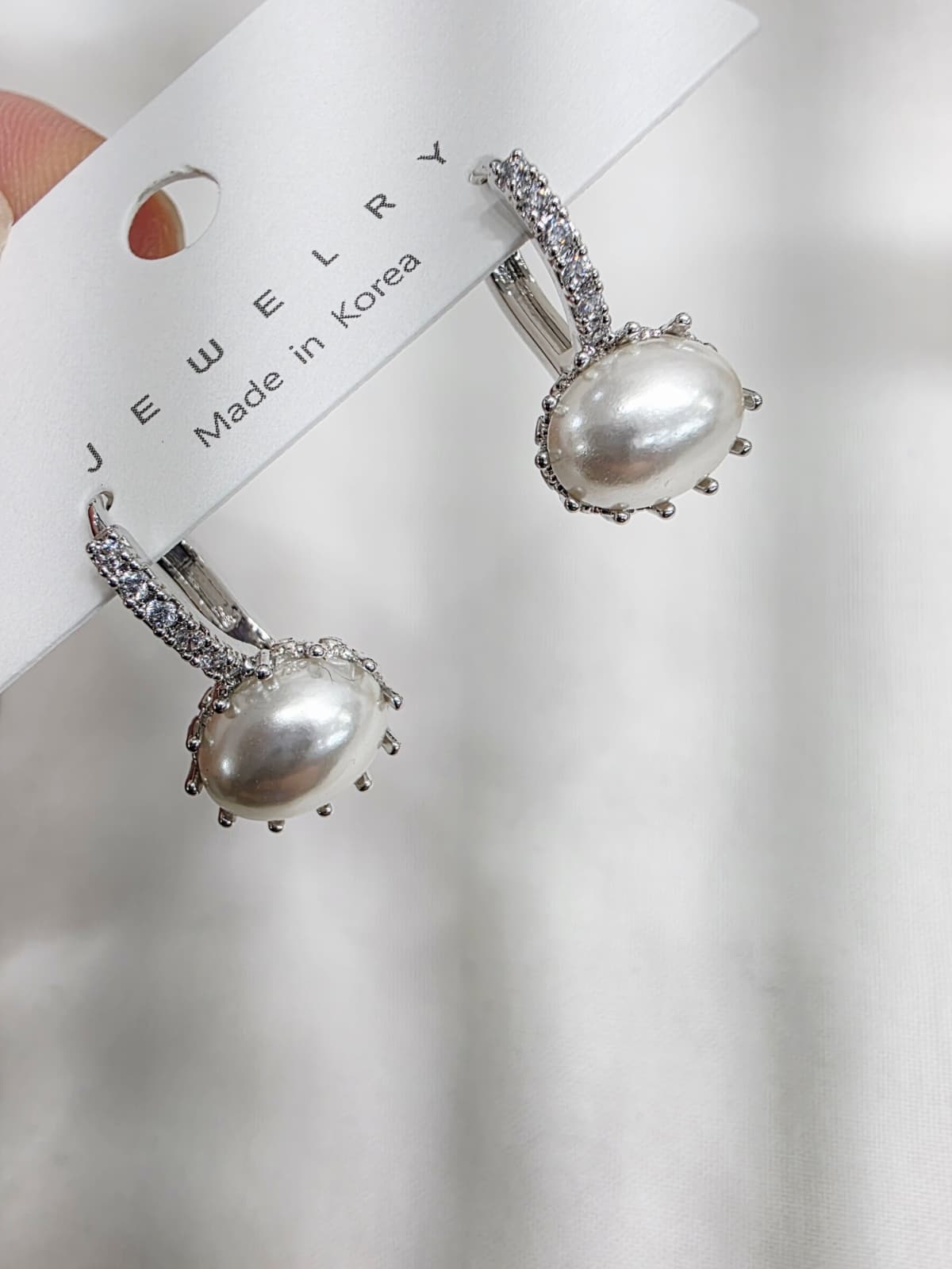 Rose Gold Cubic Oval Pearl Semi-circular Pearl One-touch Ring Earrings - 이미지 2