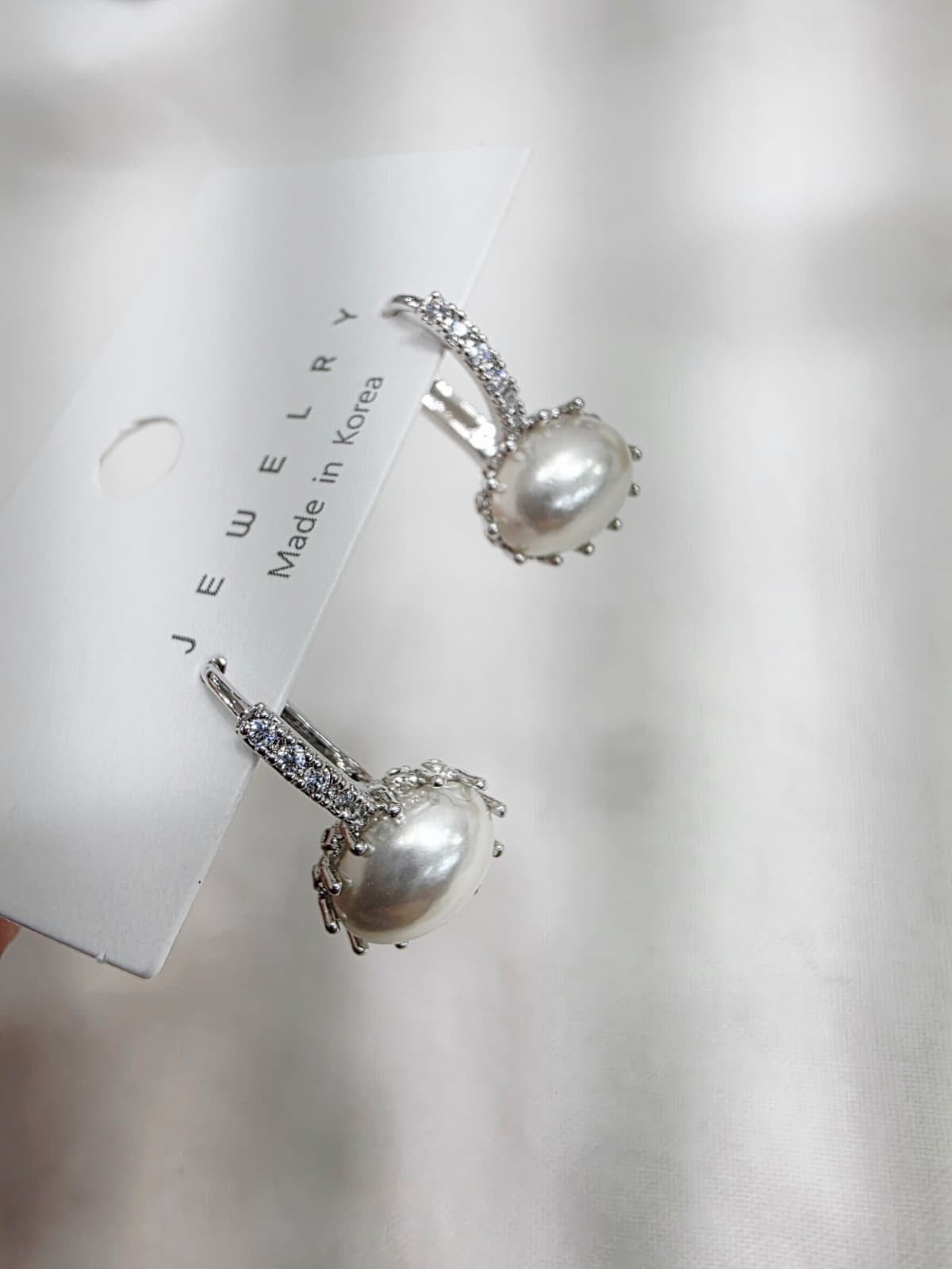 Rose Gold Cubic Oval Pearl Semi-circular Pearl One-touch Ring Earrings - 이미지 4