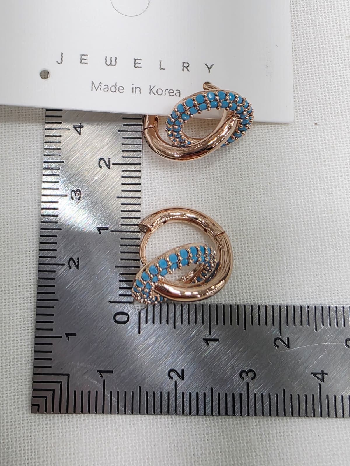 Turquoise Blue Round Point Rose Gold Ring Earrings Turquoise One-Touch Earrings - 이미지 5