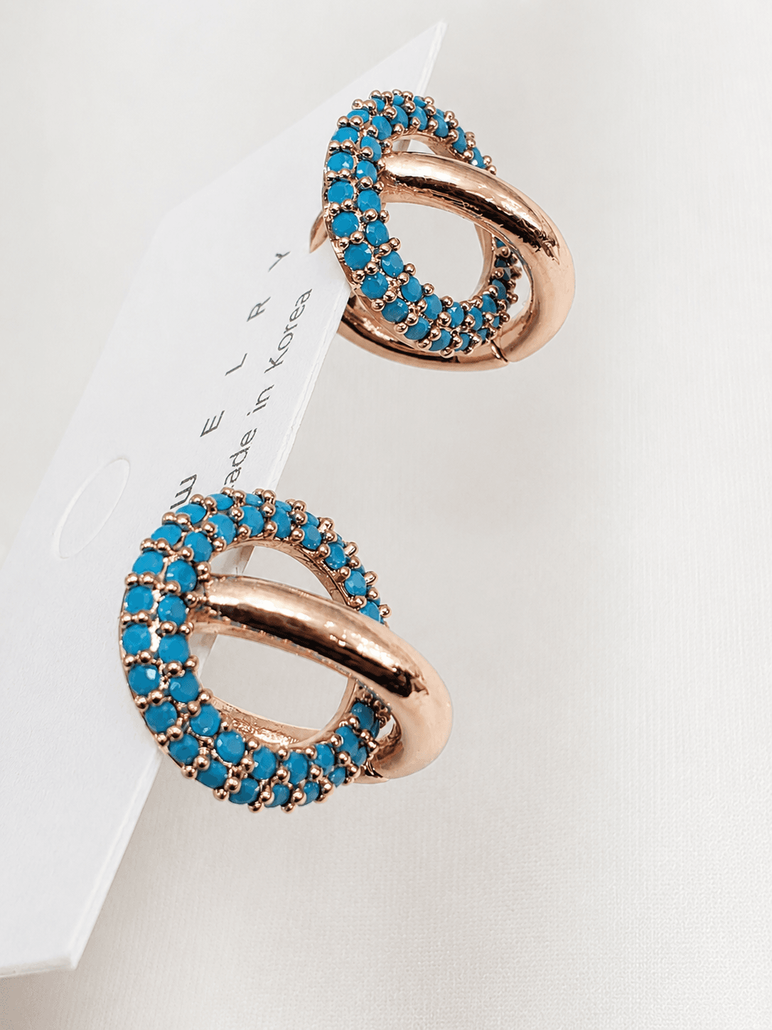 Turquoise Blue Round Point Rose Gold Ring Earrings Turquoise One-Touch Earrings - 이미지 2