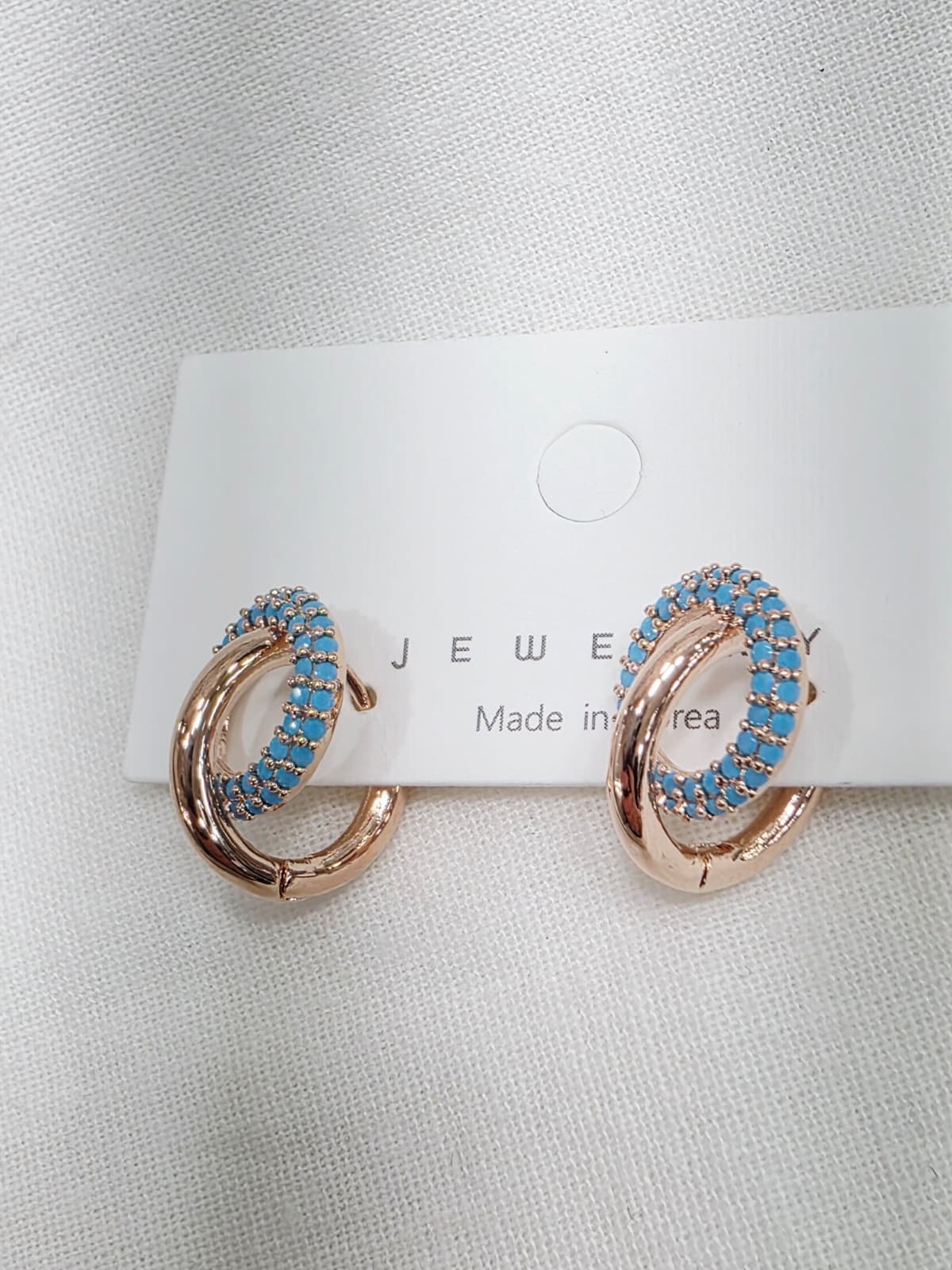 Turquoise Blue Round Point Rose Gold Ring Earrings Turquoise One-Touch Earrings - 이미지 3
