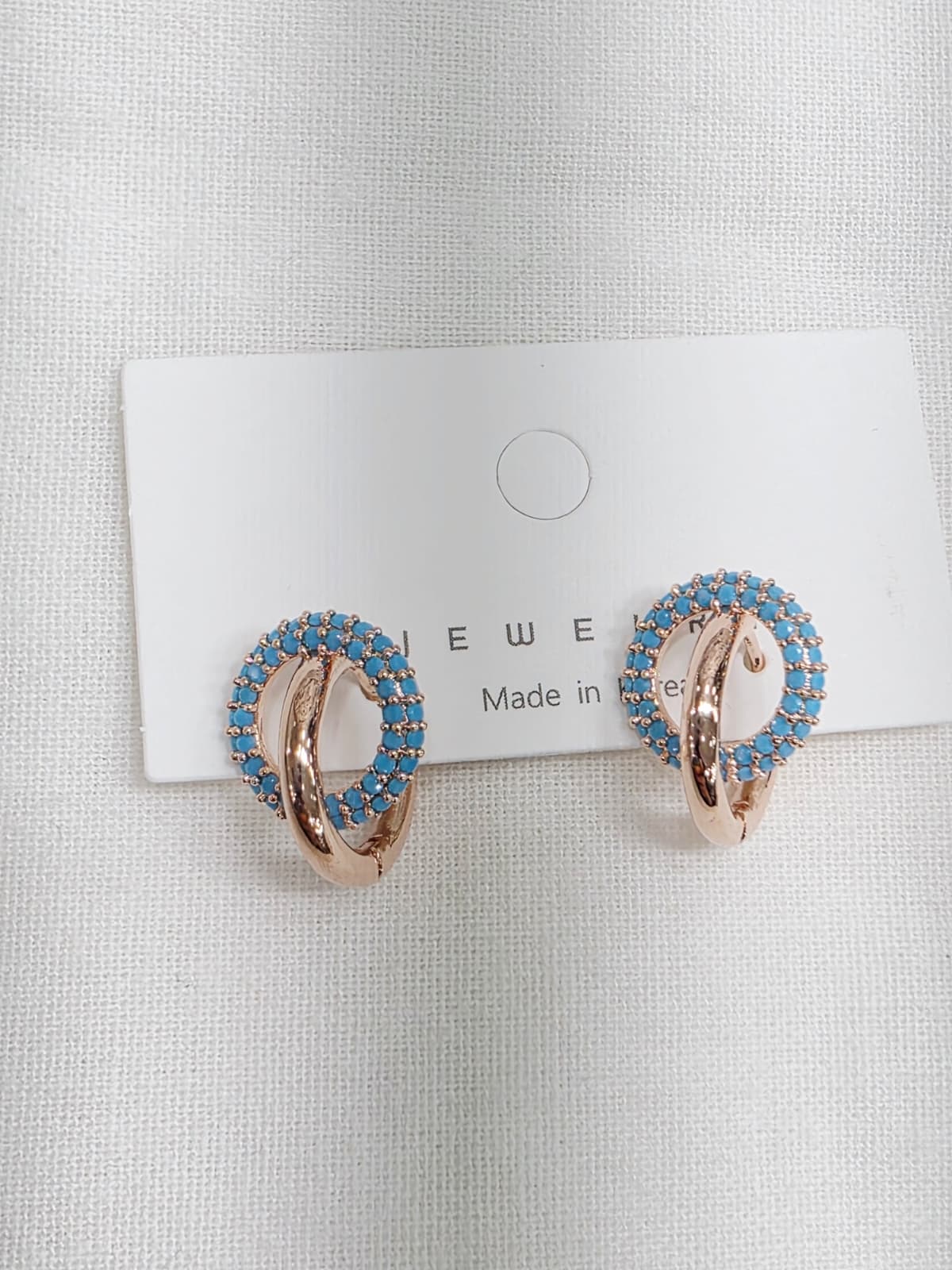 Turquoise Blue Round Point Rose Gold Ring Earrings Turquoise One-Touch Earrings - 이미지 8