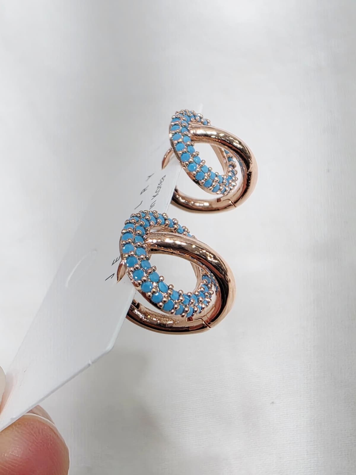 Turquoise Blue Round Point Rose Gold Ring Earrings Turquoise One-Touch Earrings - 이미지 4