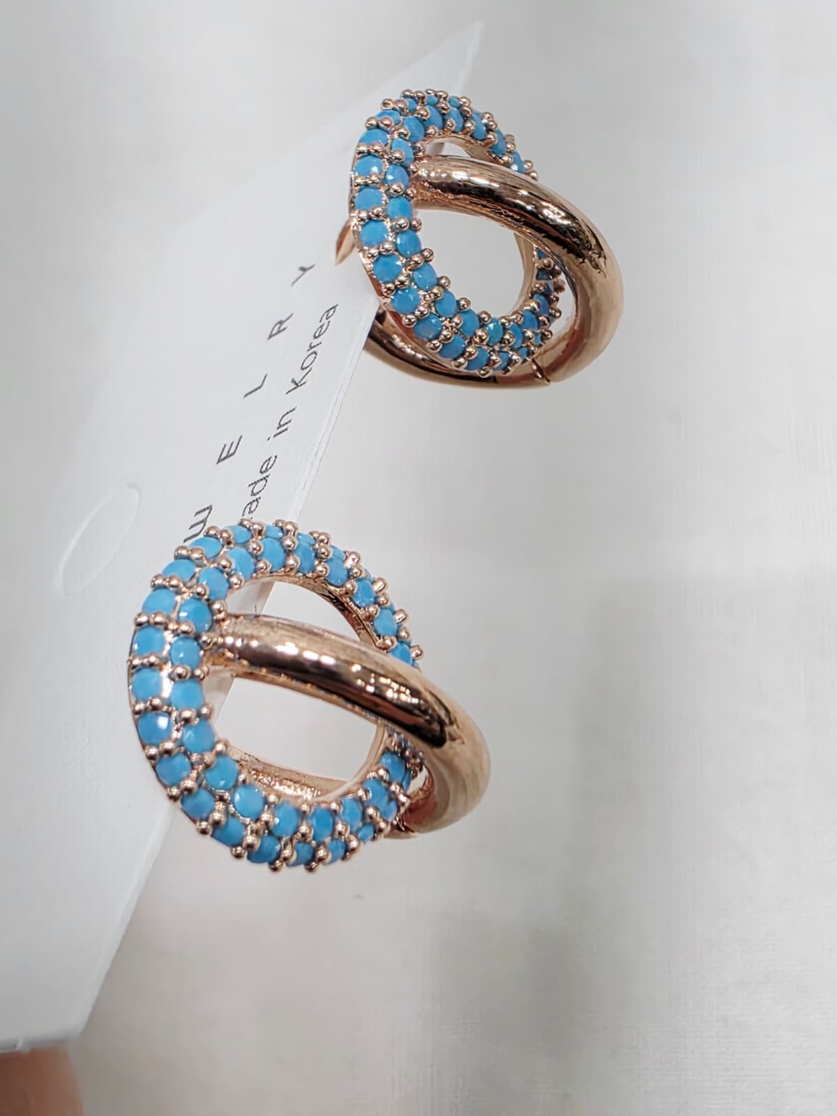 Turquoise Blue Round Point Rose Gold Ring Earrings Turquoise One-Touch Earrings - 이미지 10