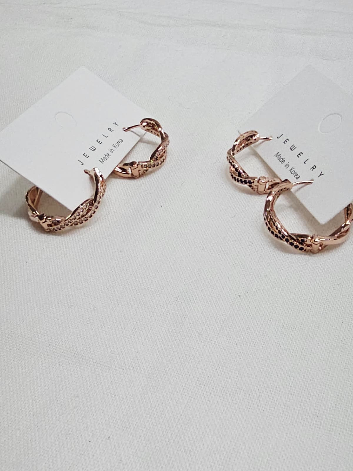 Rose Gold Twist Cubic One-Touch Ring Earrings - 이미지 7