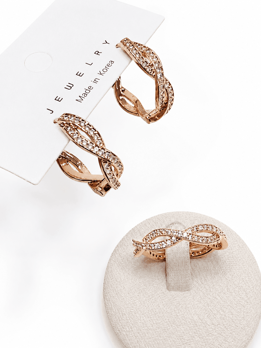 Rose Gold Twist Cubic One-Touch Ring Earrings - 이미지 2