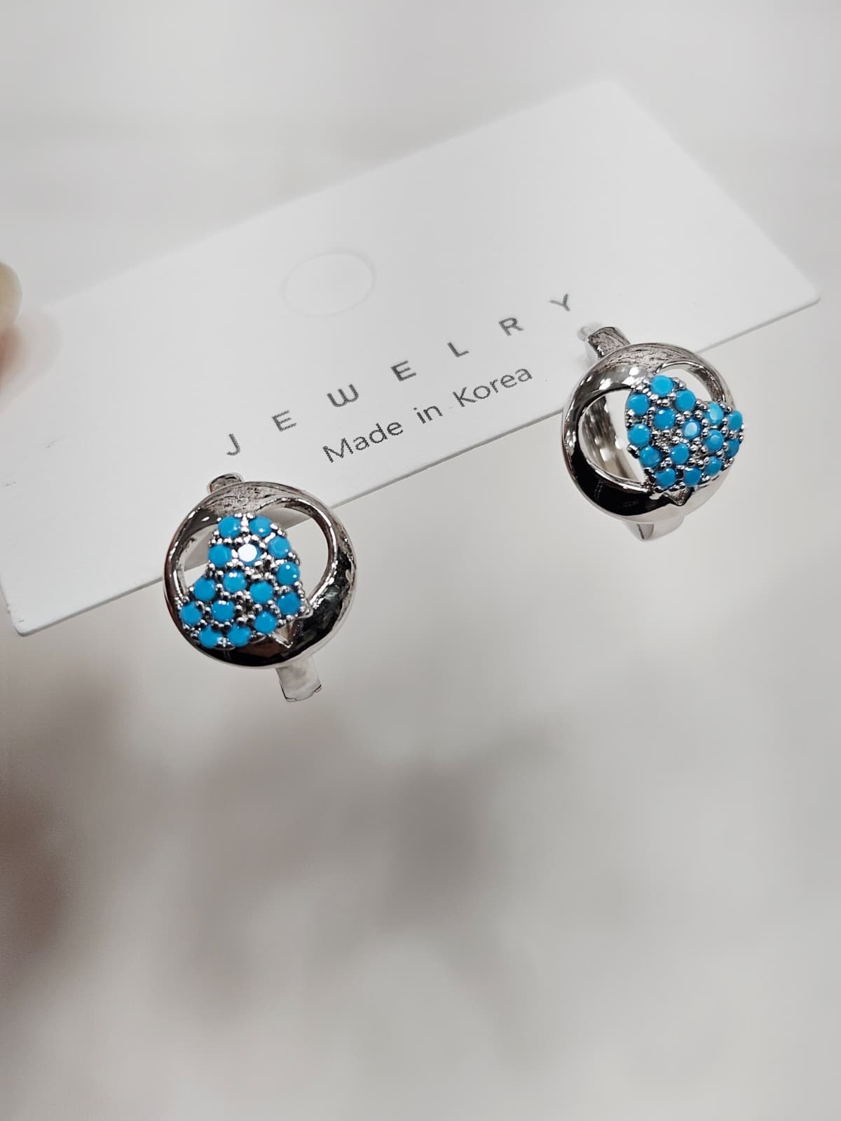 Turquoise Blue Heart Point Round One-Touch Earrings - 이미지 6
