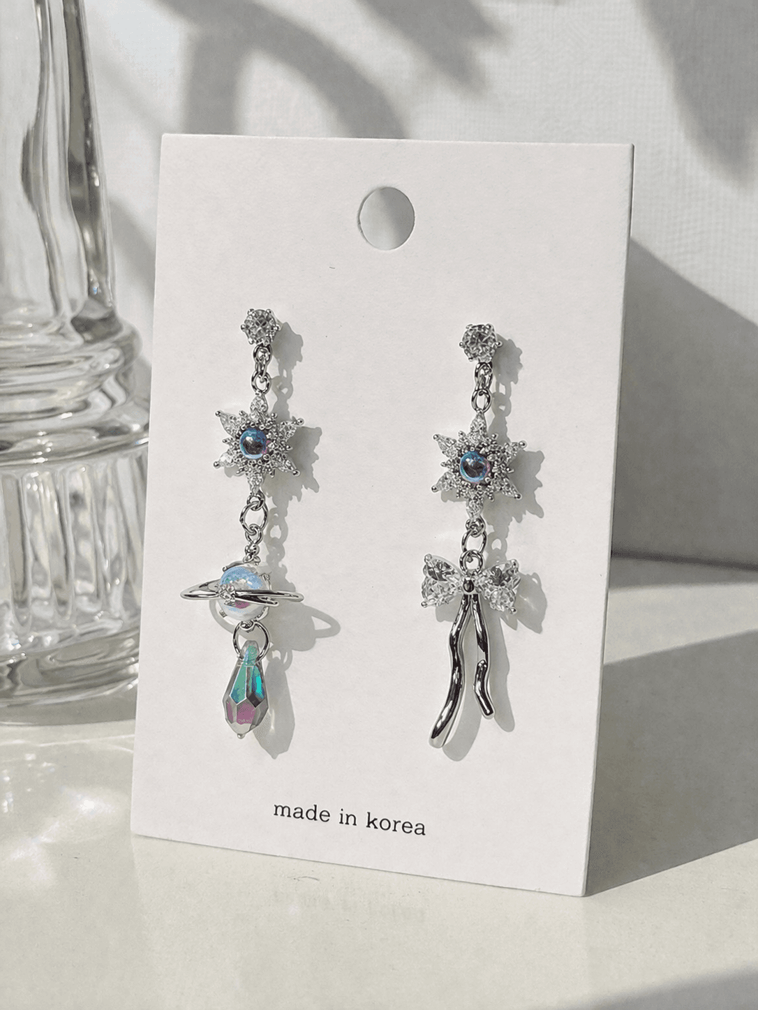 Star Ribbon Planetary Universe Ribbon Asymmetrical Drop Earrings - 이미지 3