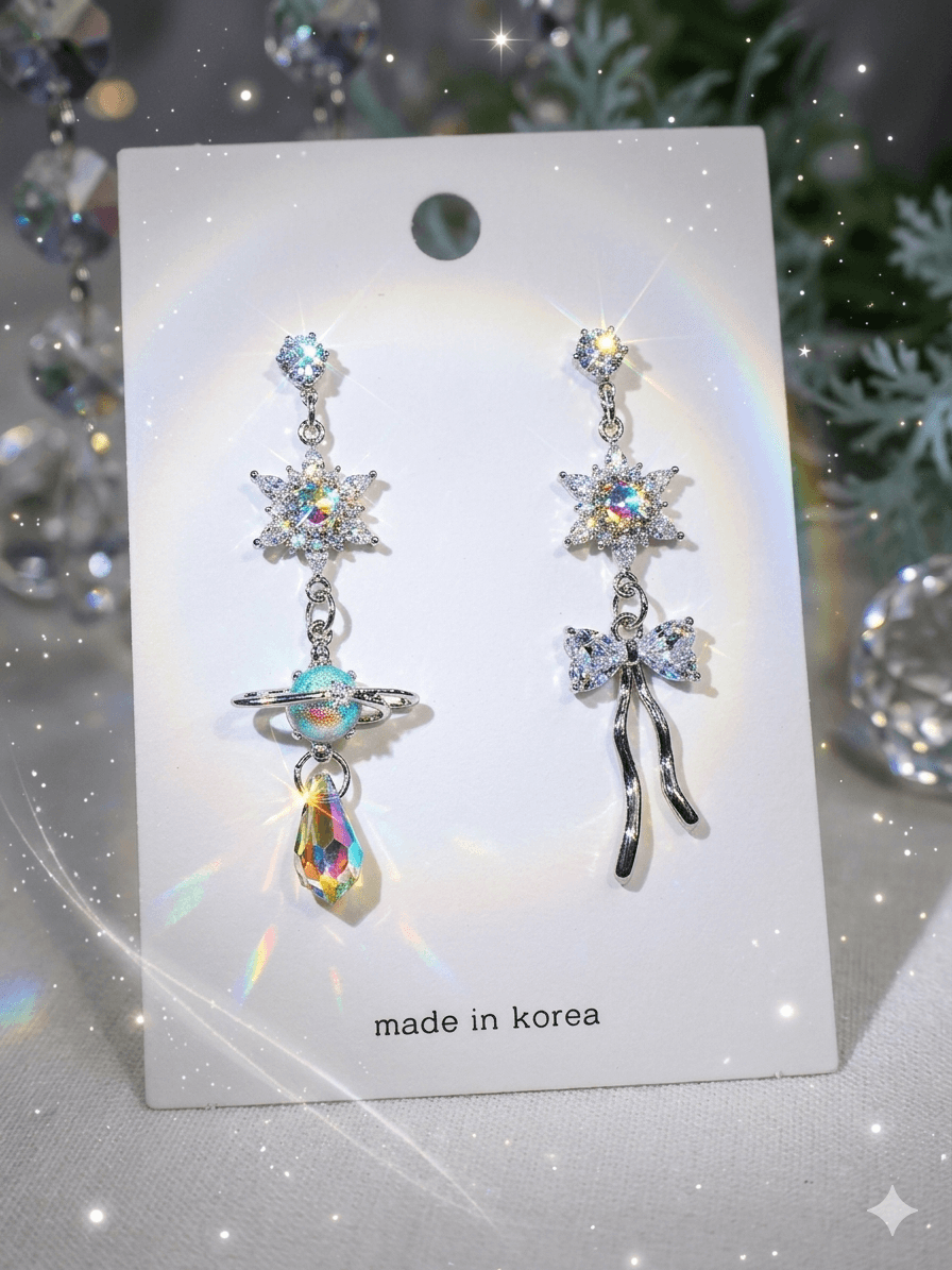 Star Ribbon Planetary Universe Ribbon Asymmetrical Drop Earrings - 이미지 1