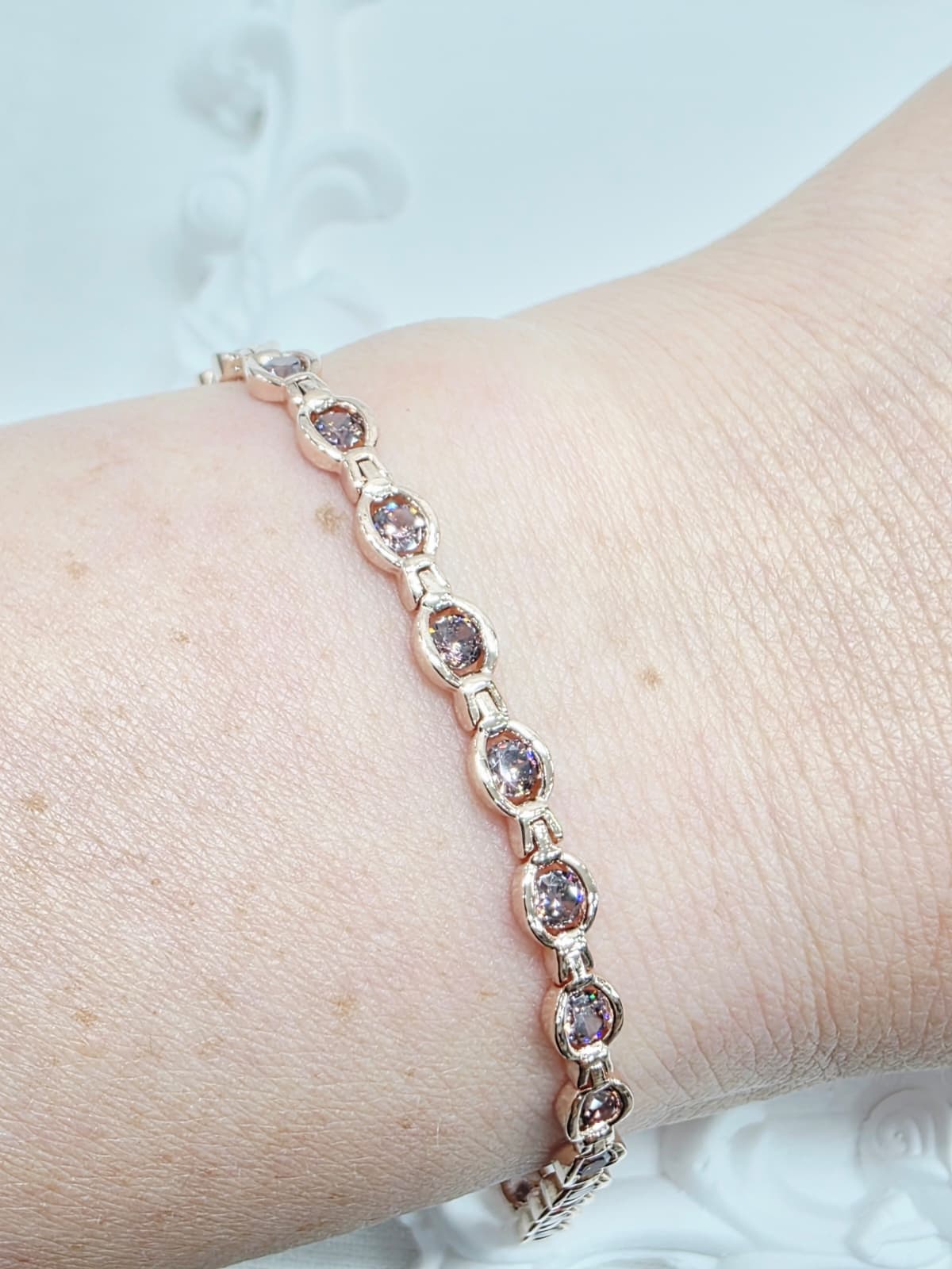 Chocolate Brown Cognac Rose Gold Oval Cubic Tennis Chain Bracelet - 이미지 2