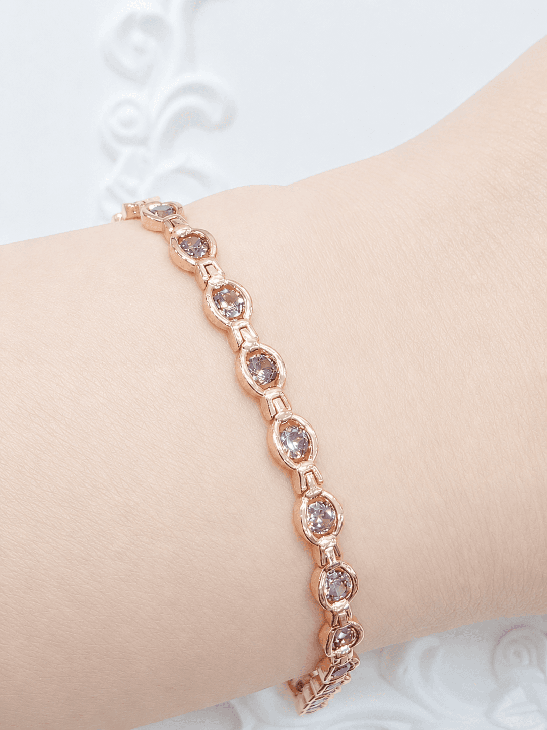 Chocolate Brown Cognac Rose Gold Oval Cubic Tennis Chain Bracelet - 이미지 1