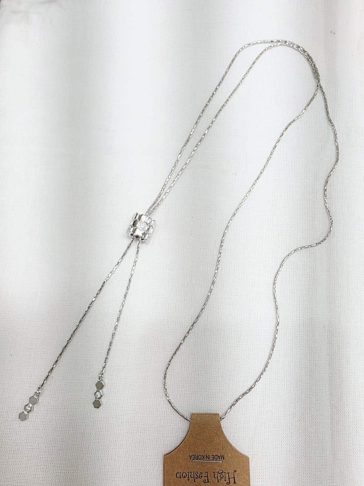 Silver-tone Honeycomb Slide Long Necklace Long Chain Slide Chain Honeycomb Hexagonal Necklace - 이미지 3