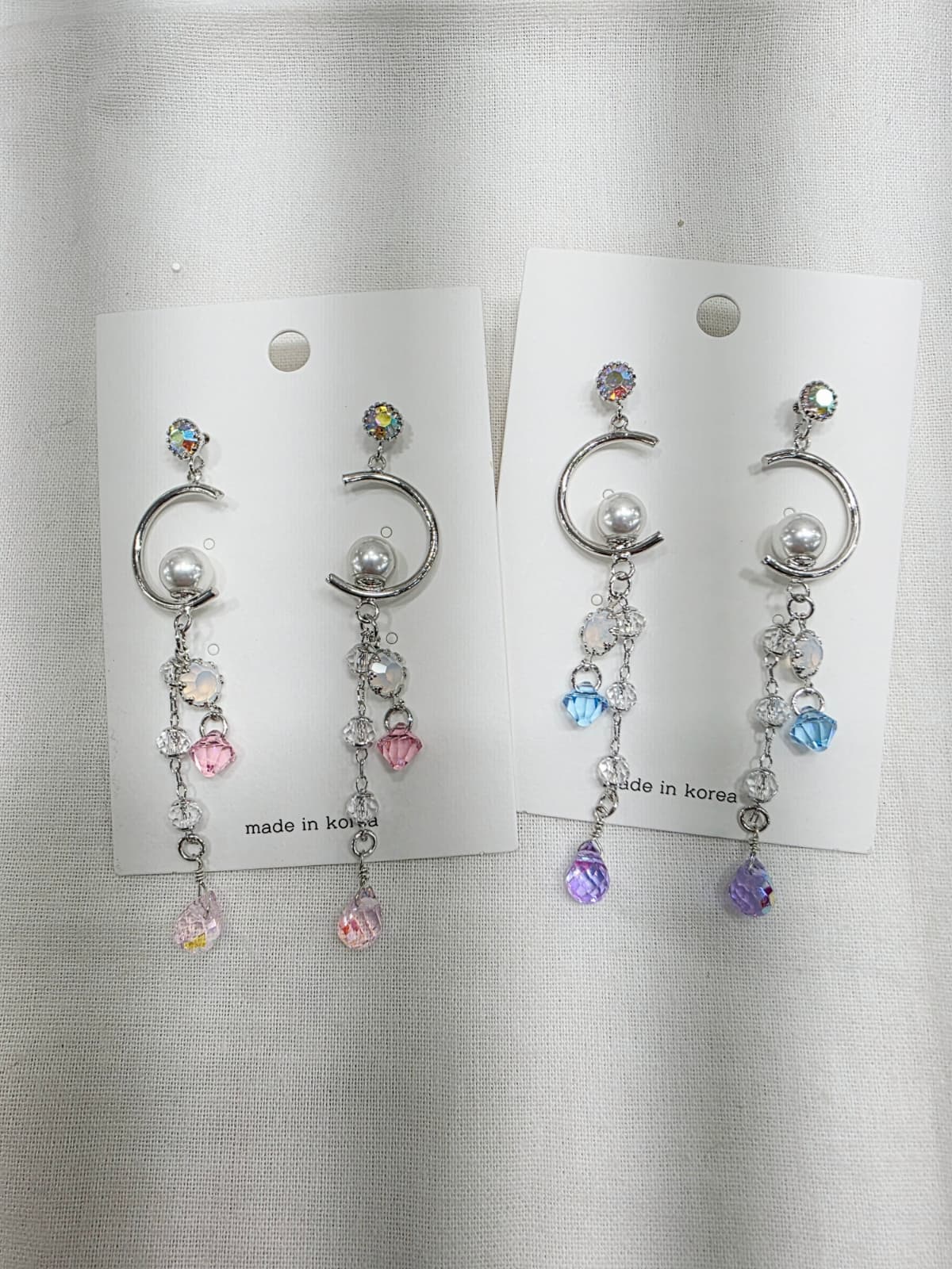 Crystal Moon Pearl Point C-Ring Drop Earrings - 이미지 5