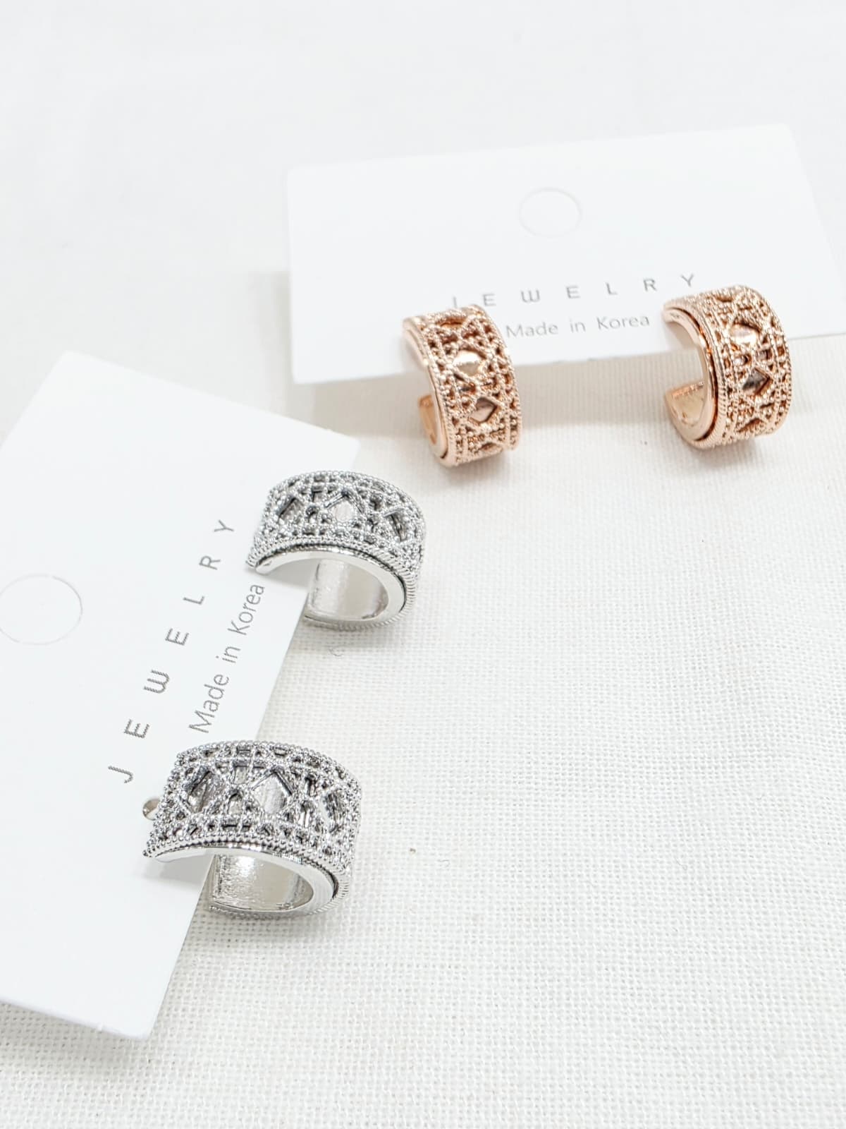 Lace Art Deco Lace Piece Tube Wide Ring Silver Stud Earrings - 이미지 1