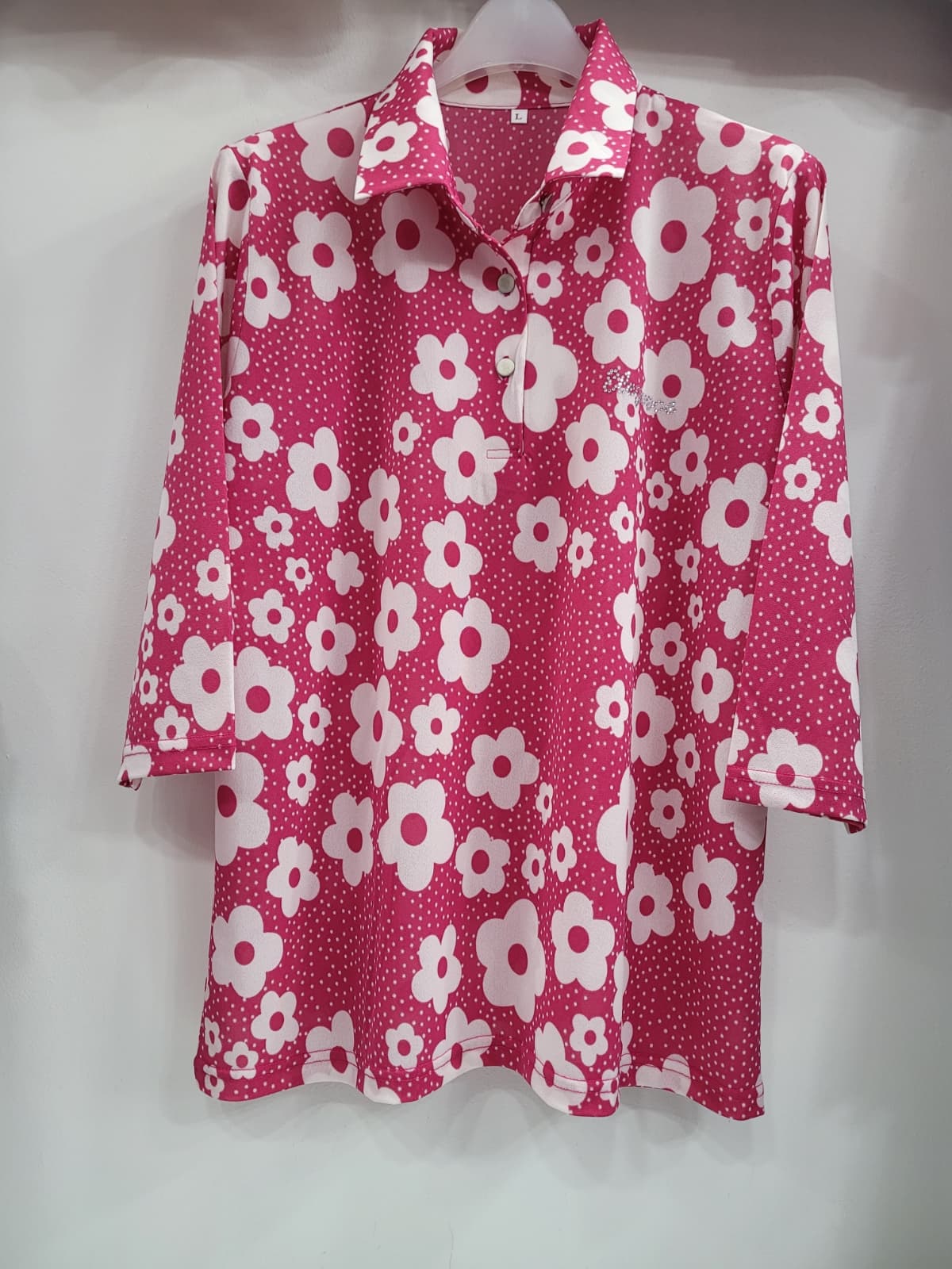 Round flower polka dot collar 3/4 sleeve T-shirt - 이미지 3
