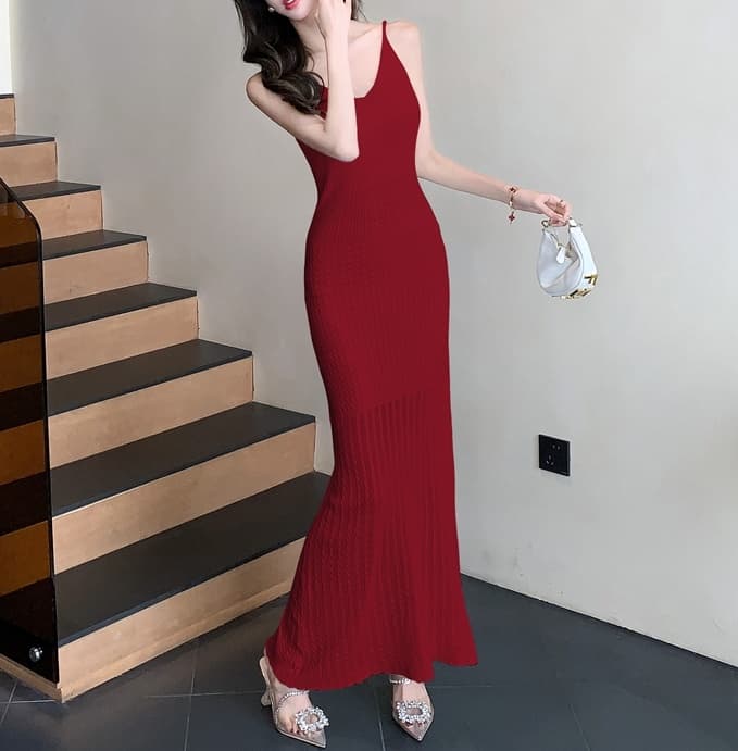 V-neck slim-fit knit sleeveless long dress - 이미지 12