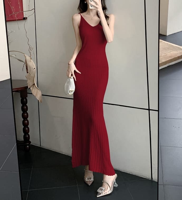 V-neck slim-fit knit sleeveless long dress - 이미지 15