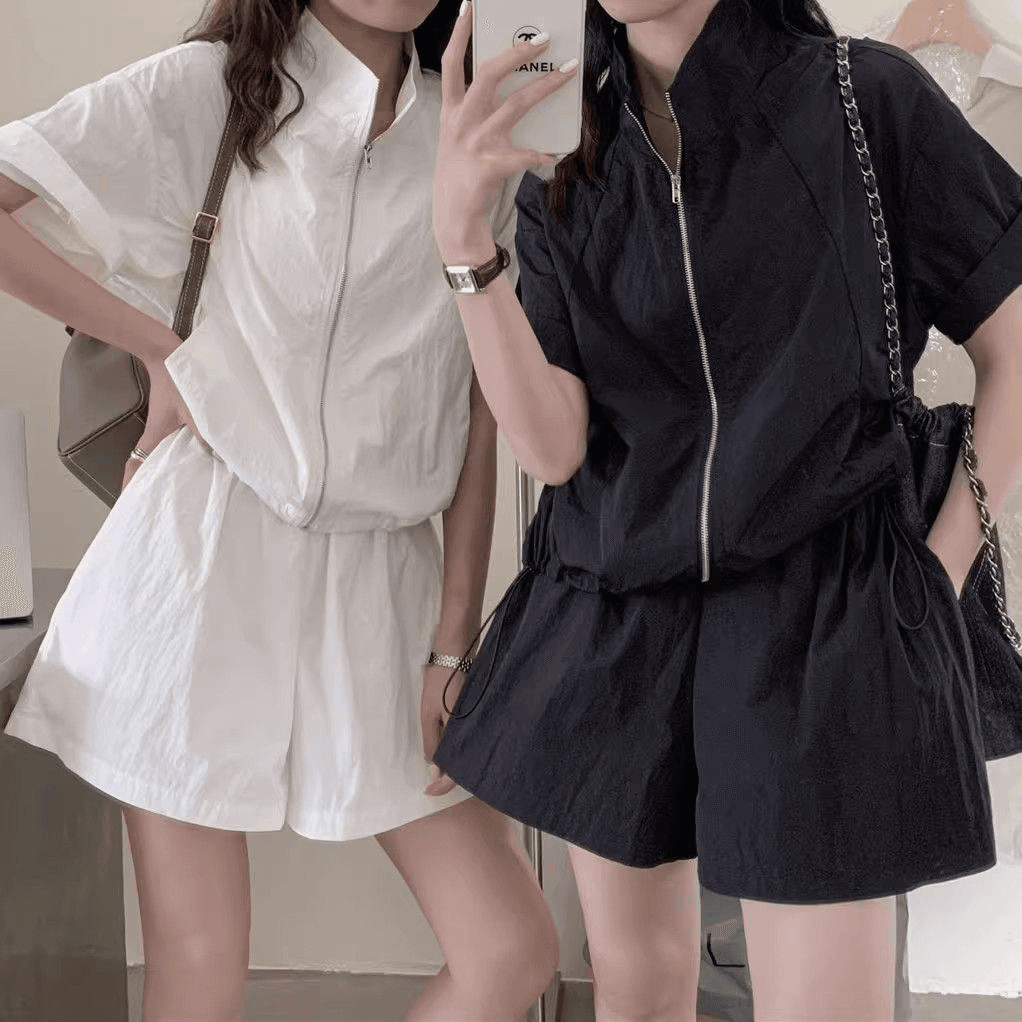 High-neck zip-up short-sleeve windbreaker shorts set - 이미지 1