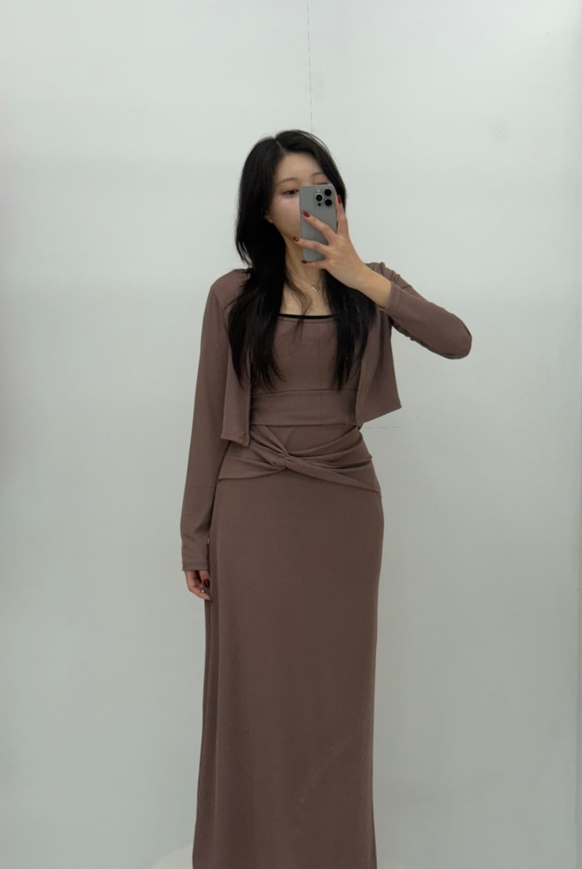 Twisted ribbon long skirt sleeveless cardigan three-piece - 이미지 5