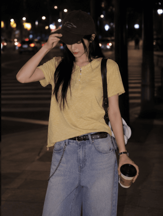 26SS New Arrival) Slub Raw Henley Neck Pigment Short Sleeve - 이미지 1